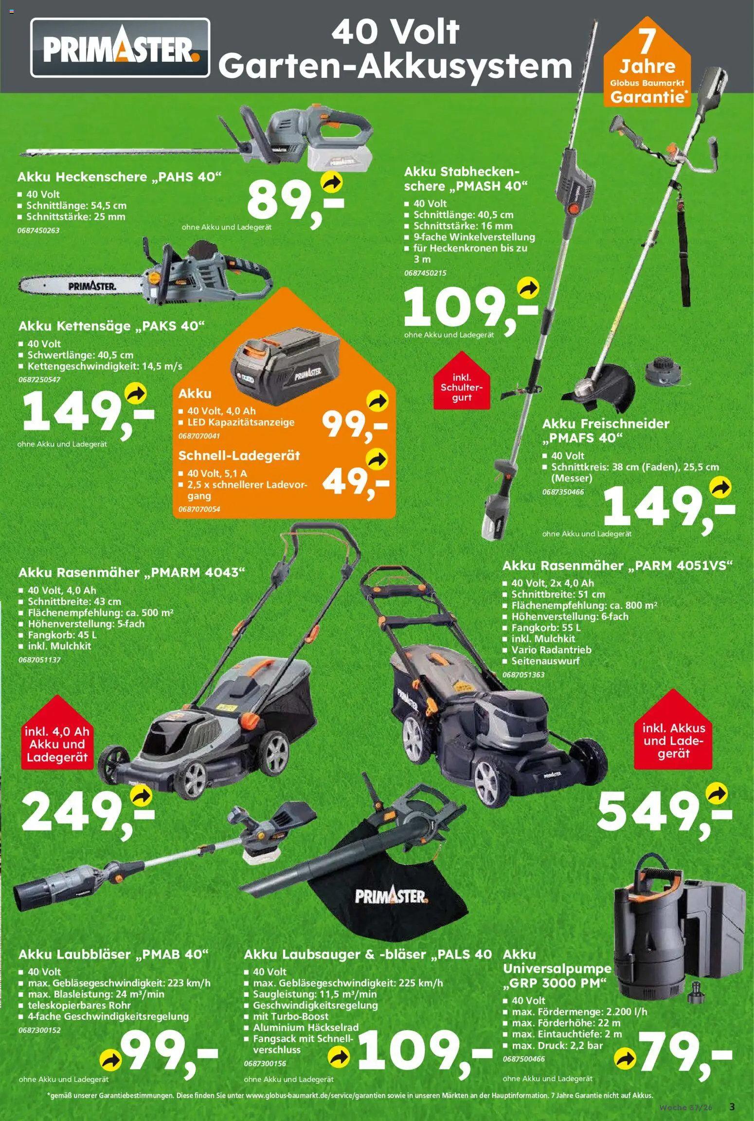 Vorschau von dem Prospekt des Geschäftes Globus Baumarkt, gültig ab dem 07.09.2026 - Rasenmäher, Ladegerät, Schulter