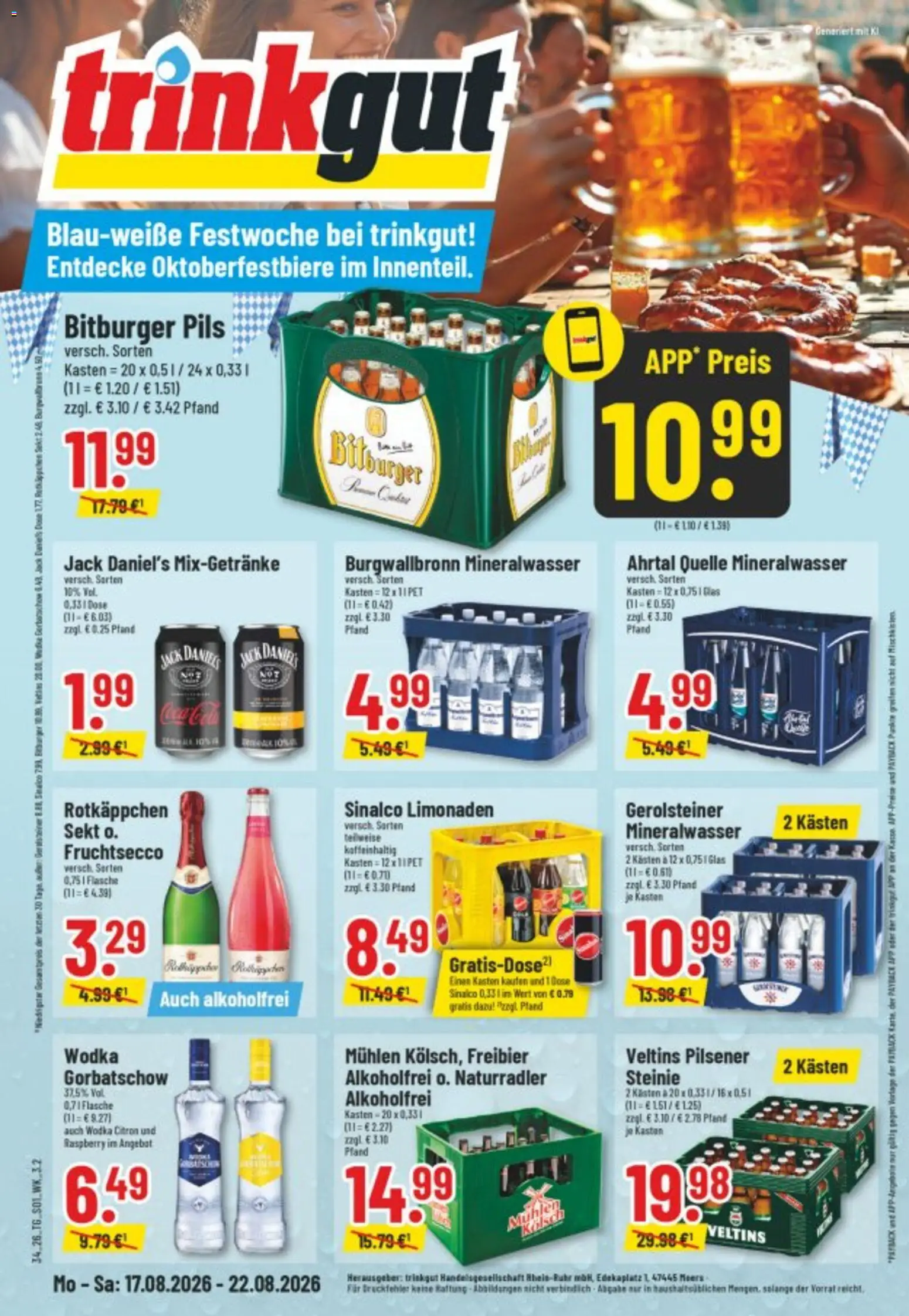 Vorschau von dem Prospekt des Geschäftes Trinkgut, gültig ab dem 17.08.2026 - Wodka, Veltins, Sekt, Bitburger, Sinalco, Pils, Jack Daniel's, Fruchtsecco
