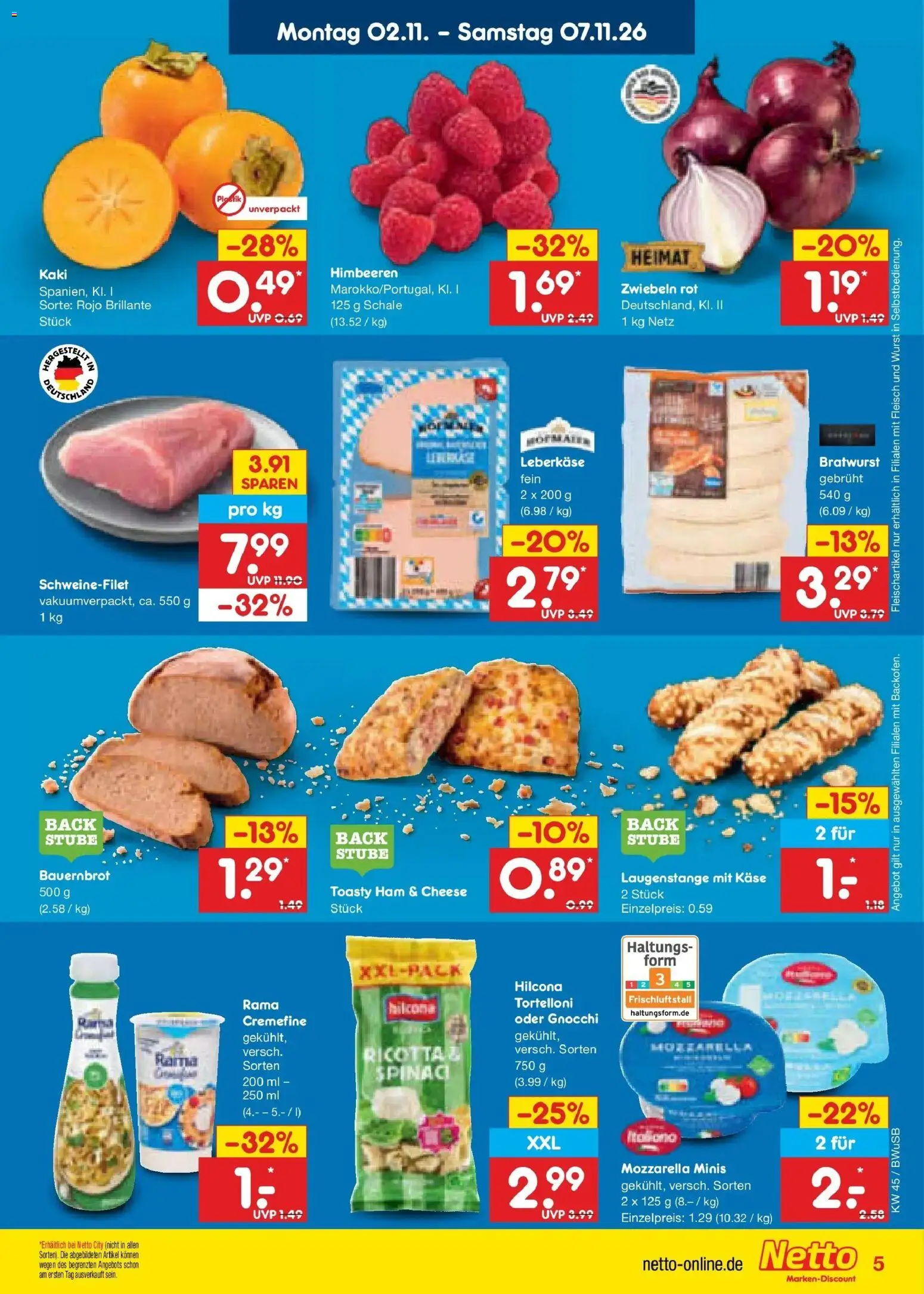 Vorschau von dem Prospekt des Geschäftes Netto Marken-Discount, gültig ab dem 02.11.2026 - Käse, Wurst, Bratwurst, Himbeeren, Mozzarella, Schweinefilet, Zwiebeln, Leberkase