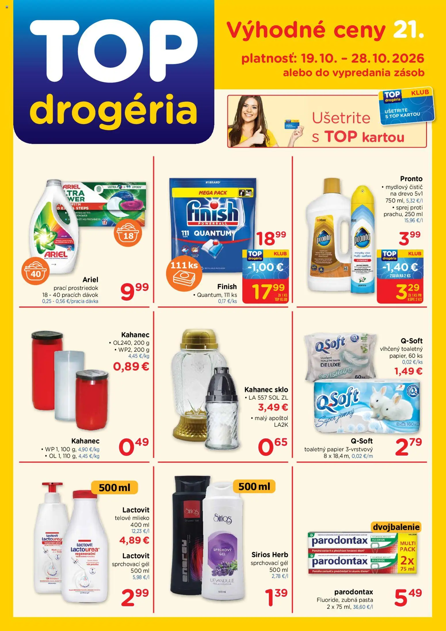 Náhľad TOP Drogéria letáku platného od 19.10.2026 - Mlieko, Ariel, Toaletný papier, Soľ, Lactovit, Zubná pasta, Telové mlieko, Toaletný papier 3vrstvový