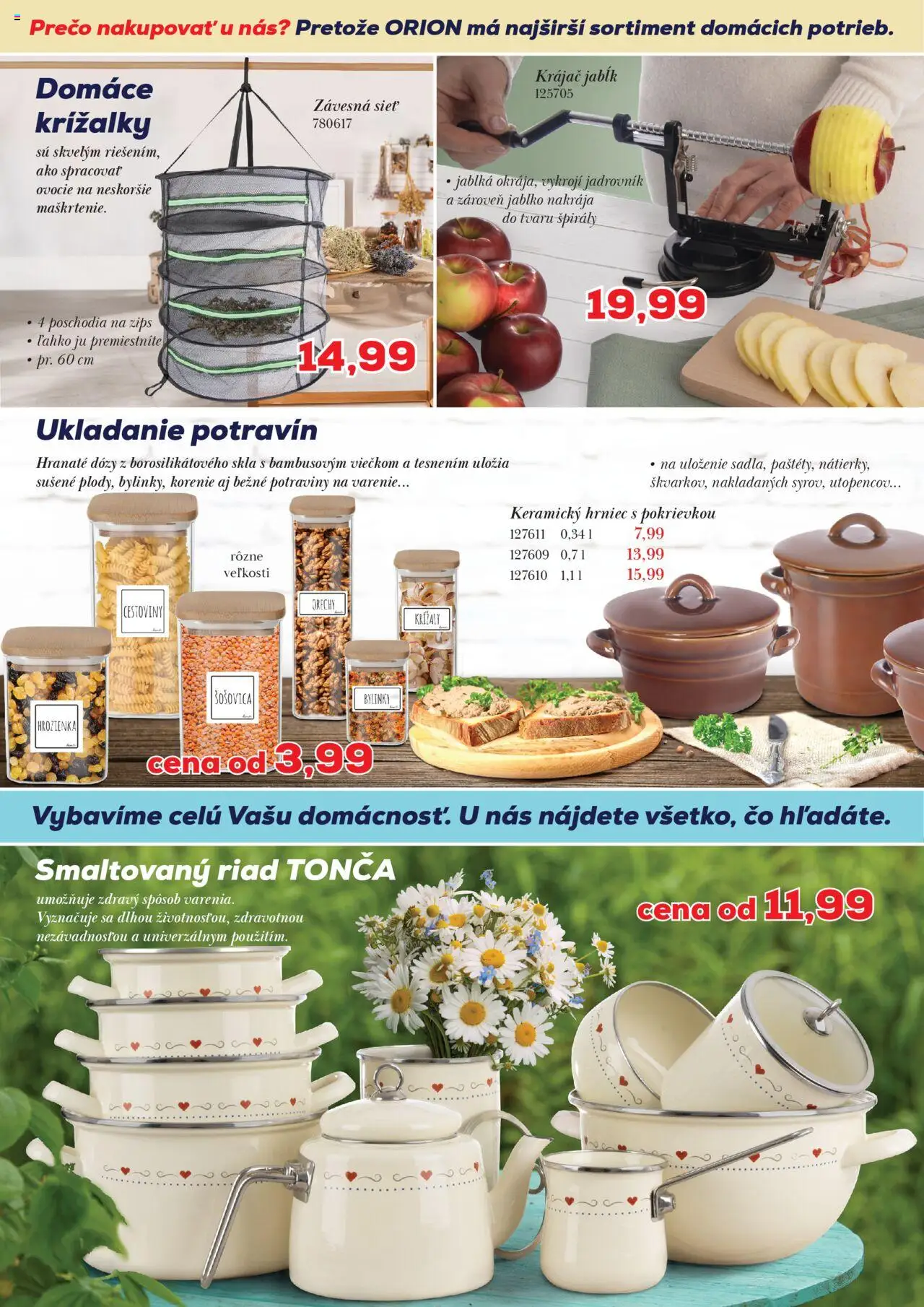Náhľad Orion Trade s.r.o letáku platného od 03.10.2025 - Cestoviny, Ovocie, Orechy, Korenie, Jablká, Hrozienka, Smaltovaný riad, Krájač