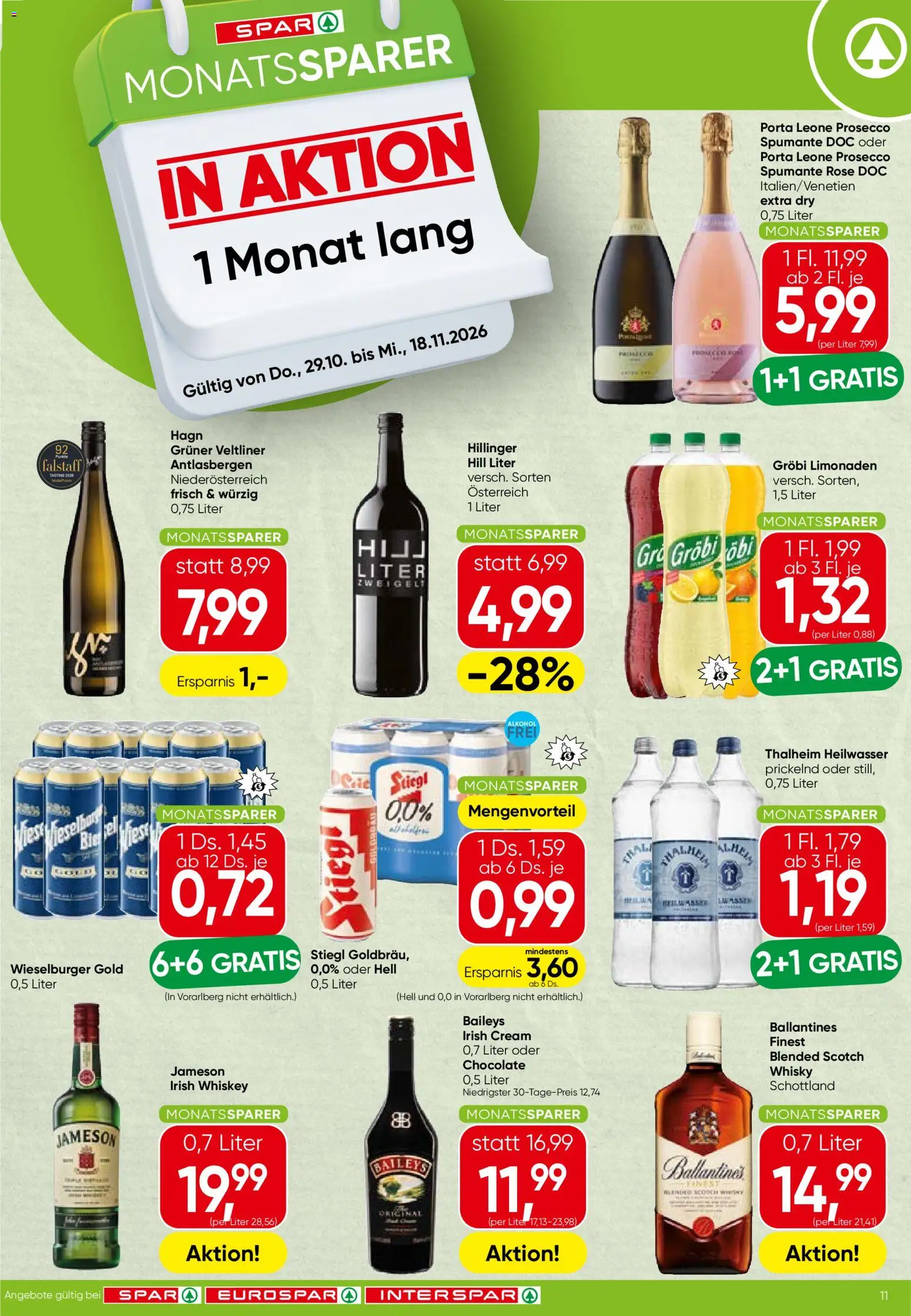 Vorschau der Angebote: Spar Spar Monatssparer gültig ab 29.10.2026 - Prosecco, Whiskey, Ballantines