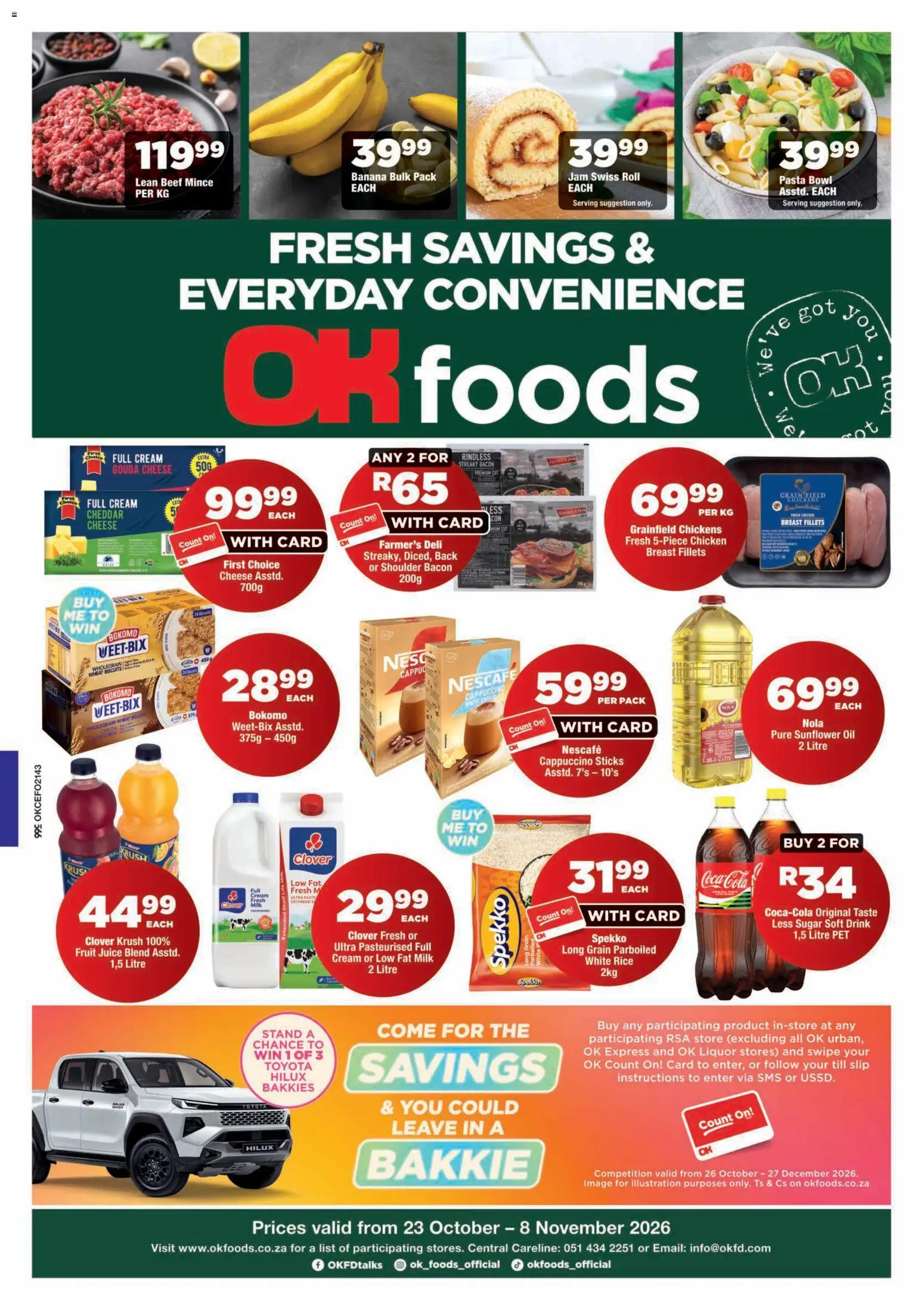 Preview of OK Foods flyer valid from 23/10/2026 - Chicken, Milk, Oil, Biscuits, Shelf, Sugar, Bowl, Cheddar
