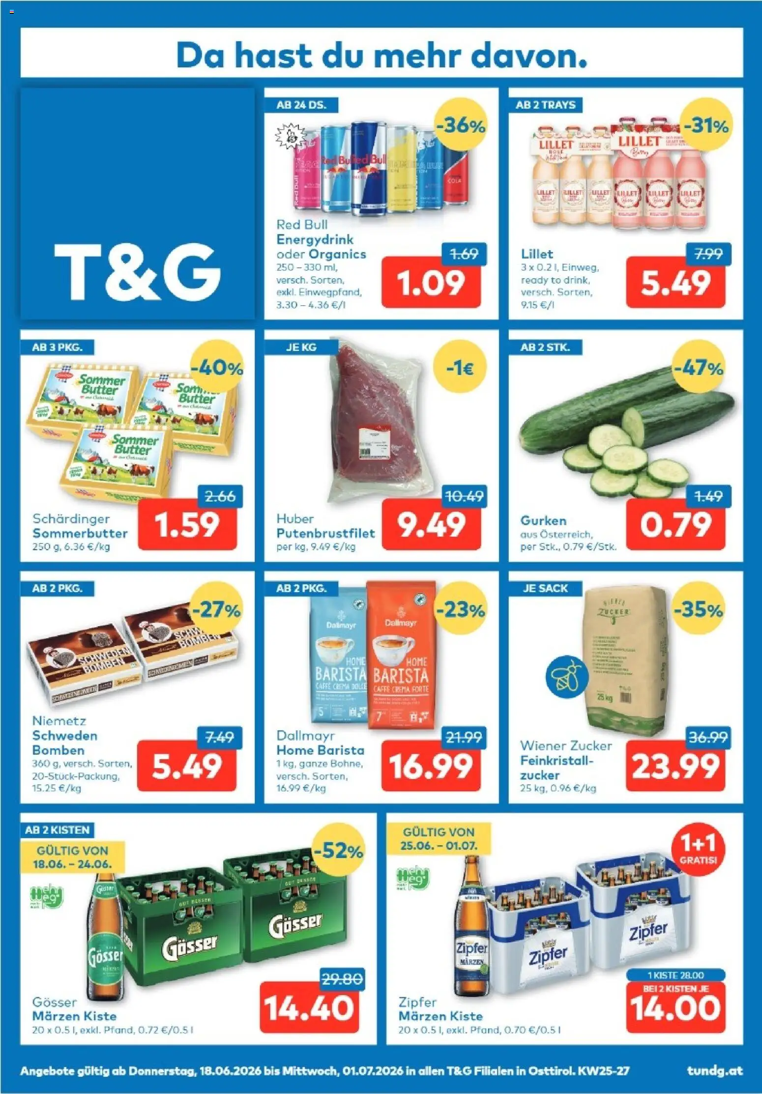Vorschau der Angebote: T&G T&G Osttirol gültig ab 18.06.2026 - Butter, Gurken, Zucker