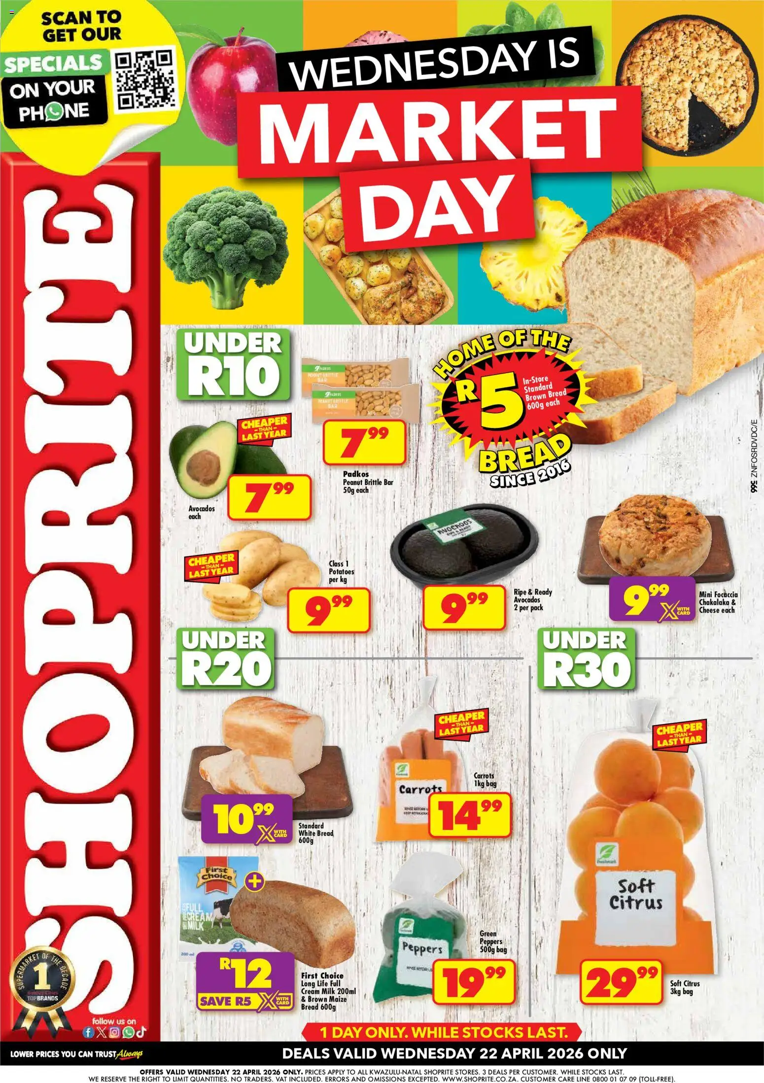 Preview of Shoprite flyer valid from 22/04/2026 - Phone, Bag, Milk, Cheese, Avocados, Potatoes, Cream, Carrots