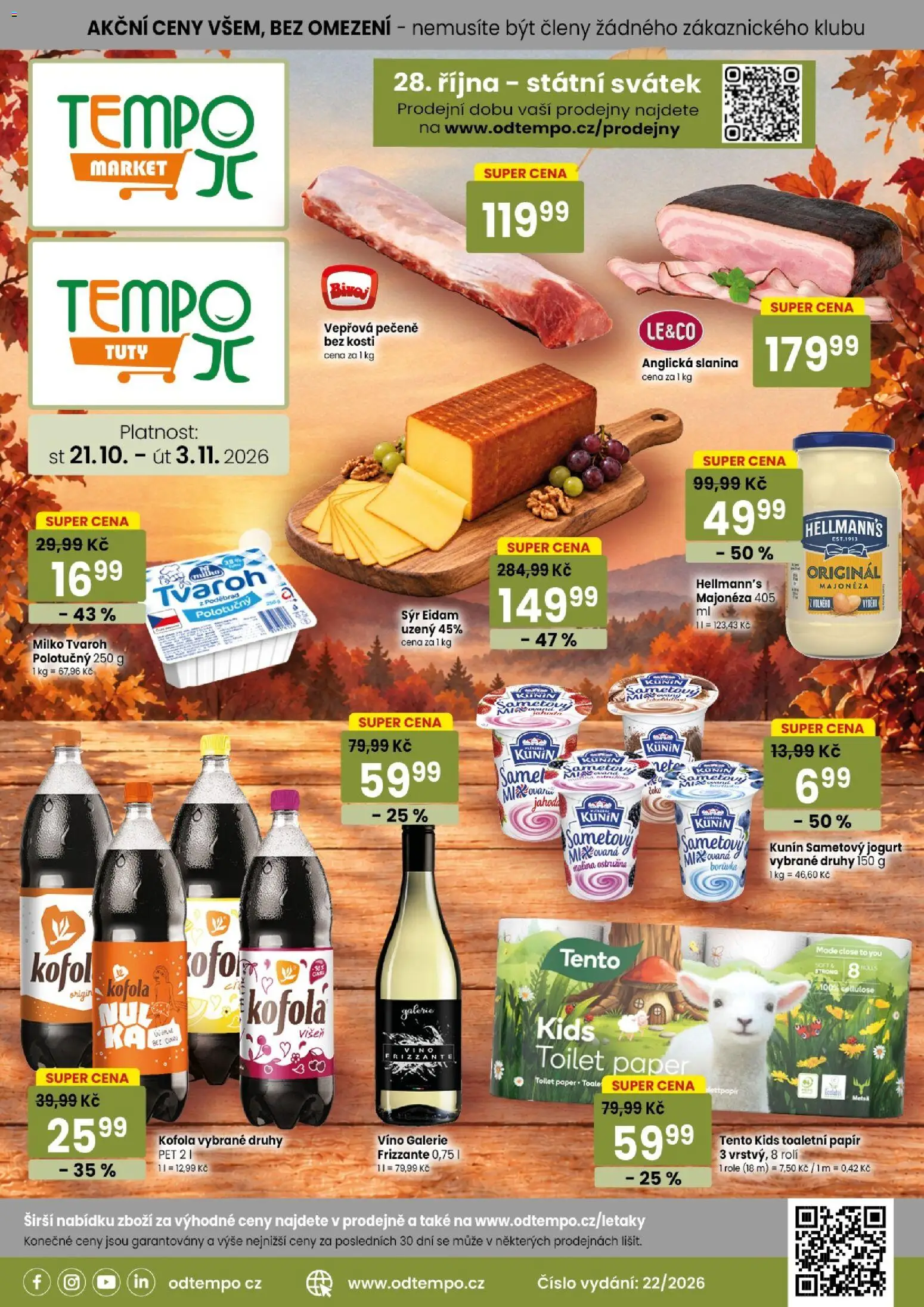 Náhled nabídky: Tempo TEMPO leták - market platný od 21.10.2026 - Tvaroh, Víno, Vepřová pečeně, Toaletní papír, Eidam, Majonéza, Anglická slanina, Hellmann's