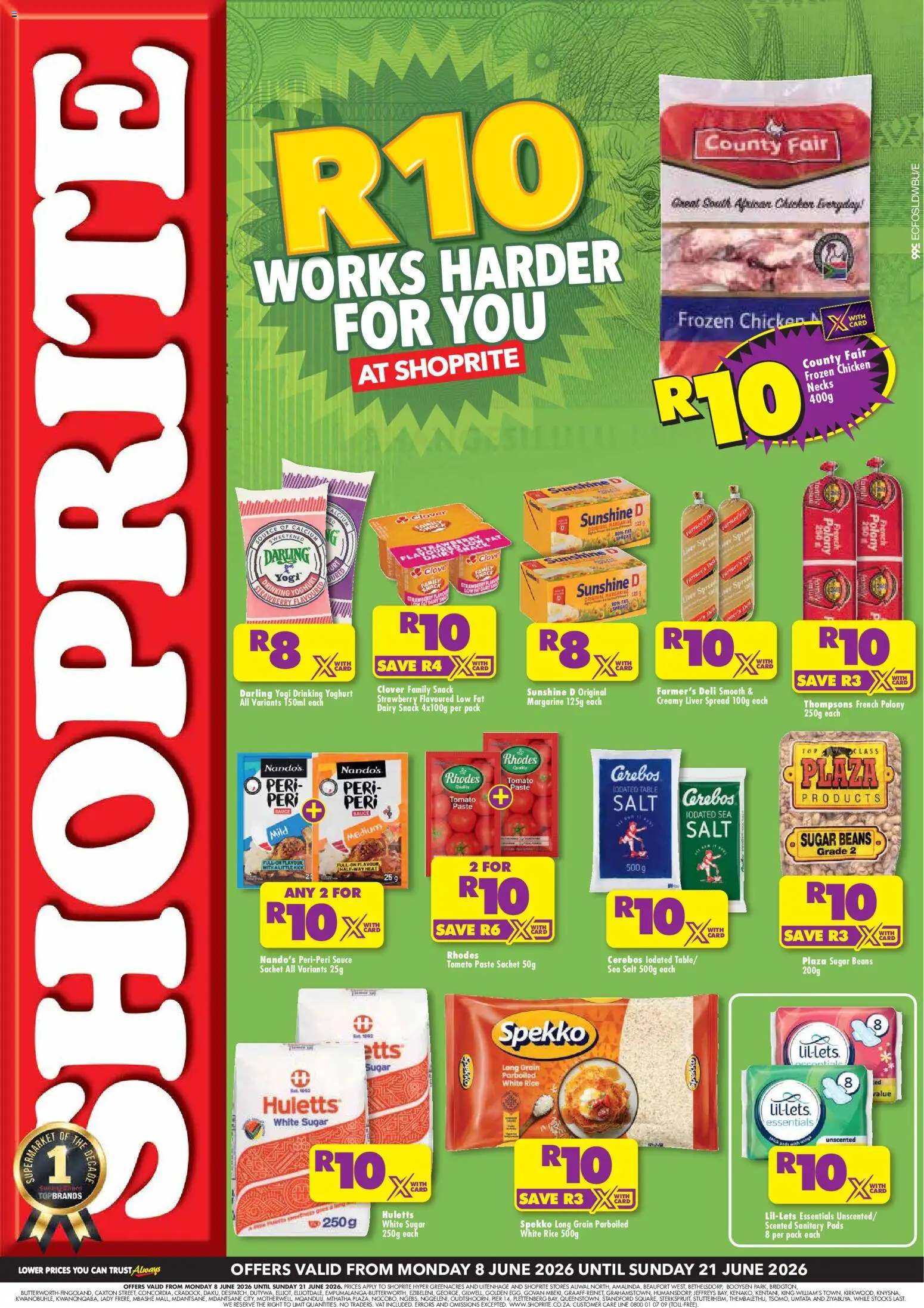 Preview of Shoprite flyer valid from 08/06/2026 - Chicken, Salt, Sugar, Pads, Beans, Yoghurt, Polony, Margarine