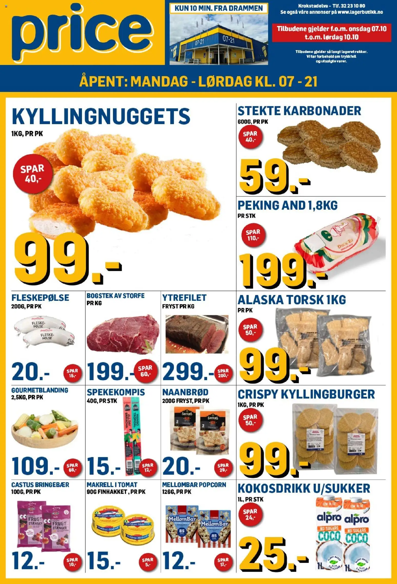 Forhåndsvis Price Lagerbutikk kundeavis fra butikk Price Lagerbutikk gyldig fra 07/10/2026 - Kyllingburger, Mellombar, And, Kyllingnuggets, Bringebær, Fleskepølse, Makrell i tomat, Pølse
