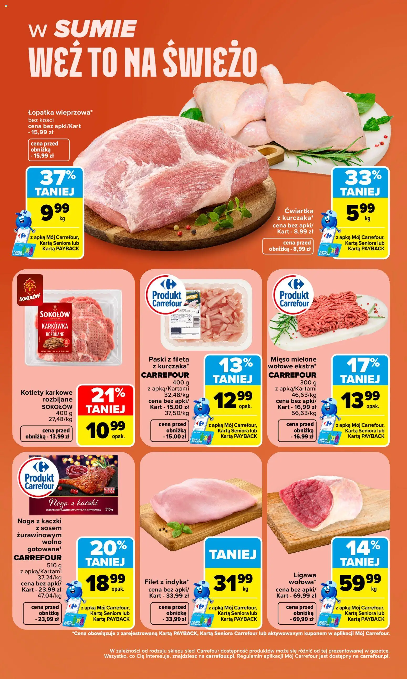 Pogląd gazetki "Carrefour gazetka - Weź to na świeżo" ze sklepu Carrefour ważnej od 05.10.2026 - Mięso, Karkówka, Karta, Mięso mielone, Kotlety, Filet, Noga z kaczki