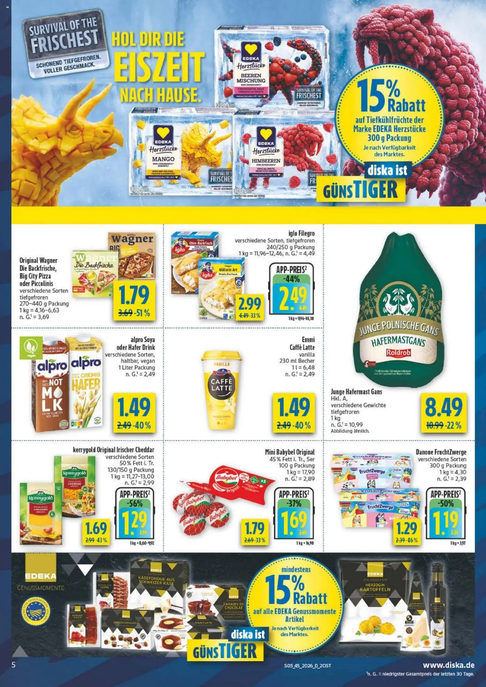 Vorschau von dem Prospekt des Geschäftes Diska, gültig ab dem 02.11.2026 - Pizza, Mango, Käse, Himbeeren, Kartoffeln, Fruchtzwerge, Iglo, Babybel