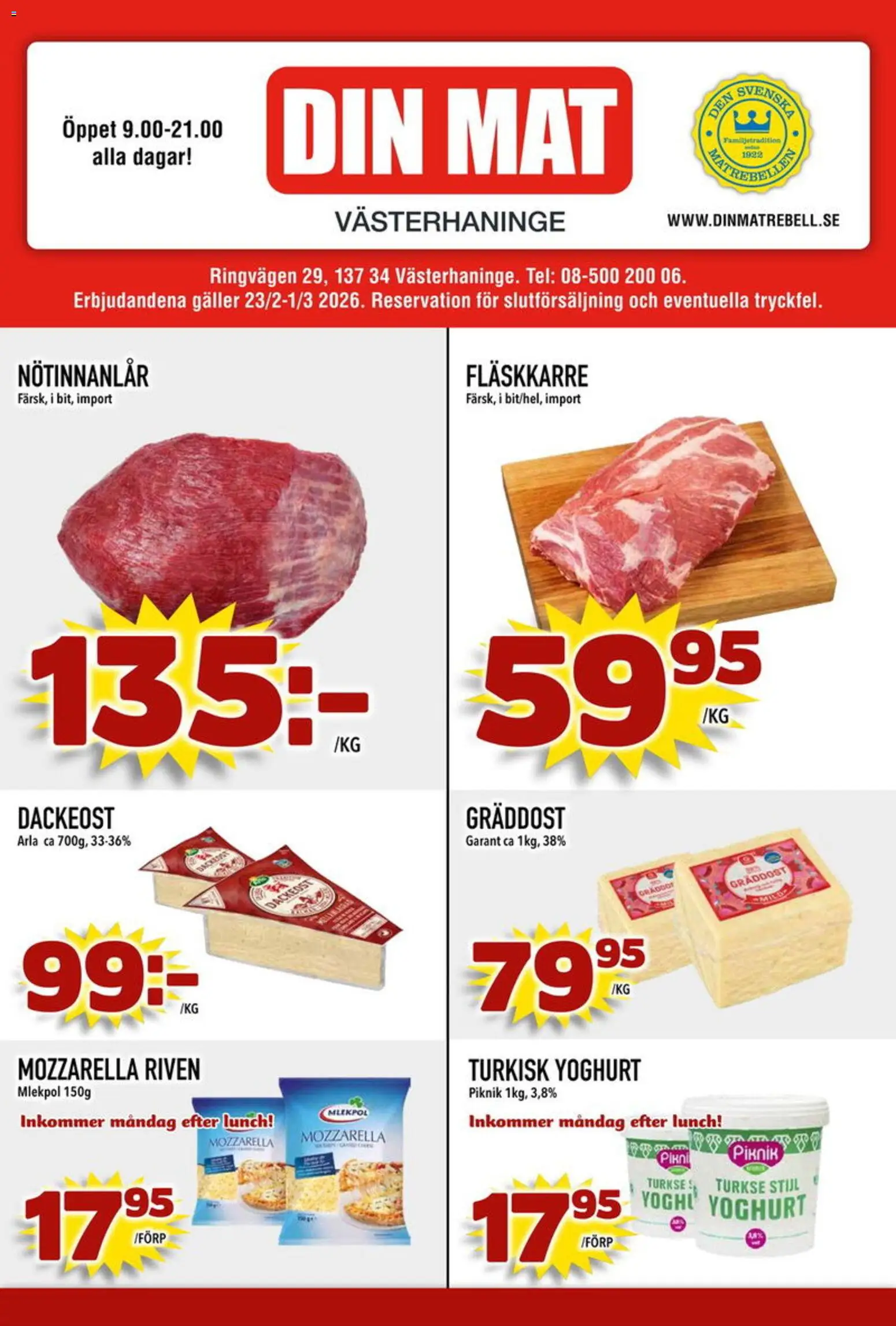 Förhandsgranska reklamblad Din Mat erbjudanden från butik Din Mat gäller från 02/03/2026 - Mozzarella, Yoghurt, Galler, Fläskkarré