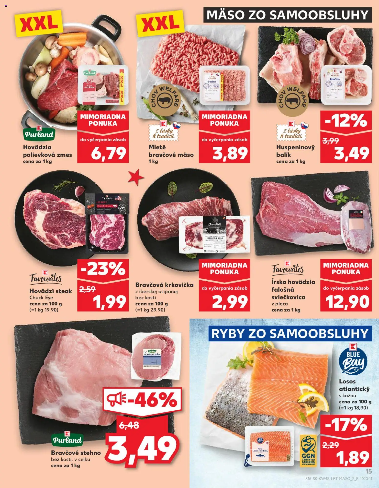 Náhľad Kaufland letáku platného od 27.11.2025 - Mäso, Steak, Ryby, Losos, Lis, Bravčová krkovička, Bravčové stehno, Bravčové mäso