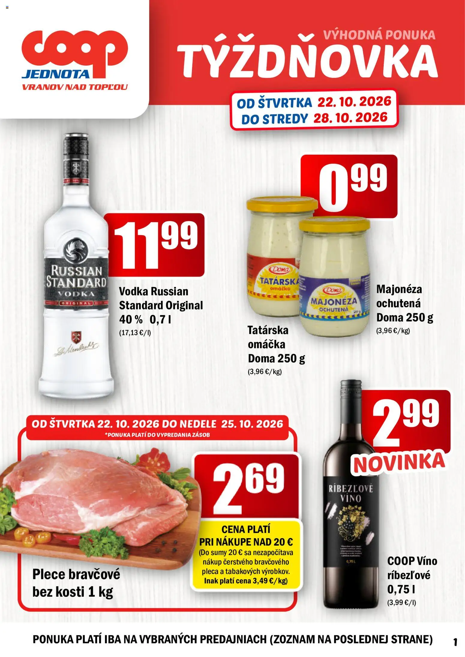 Náhľad COOP Jednota letáku platného od 22.10.2026 - Víno, Vodka, Omáčka, Russian Standard, Majonéza, Ríbezľové víno