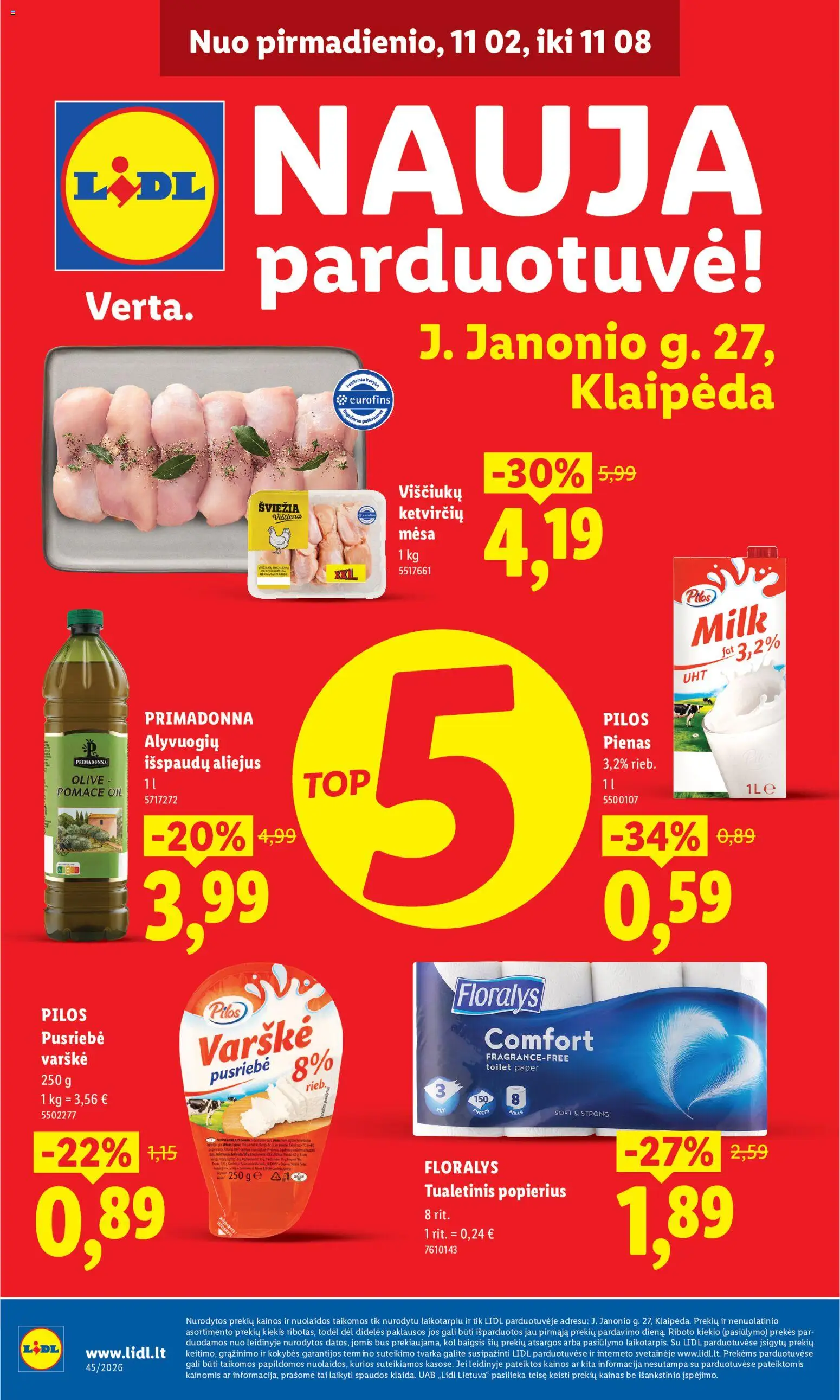 LIDL parduotuvės leidinio LIDL leidinys Klaipeda galiojančio nuo 2026.11.02 peržiūra - Pienas, Aliejus, Varškė, Vištiena, Tualetinis popierius