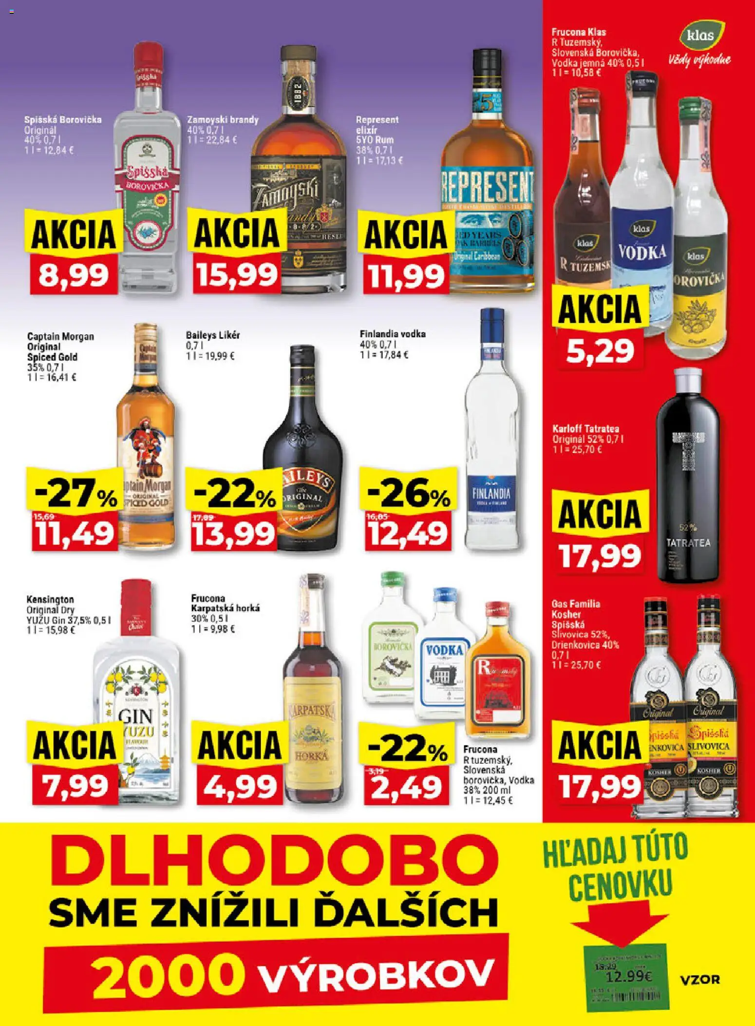 Náhľad Klas letáku platného od 12.10.2026 - Vodka, Borovička, Gin, Baileys, Captain Morgan, Slivovica, Brandy, Finlandia