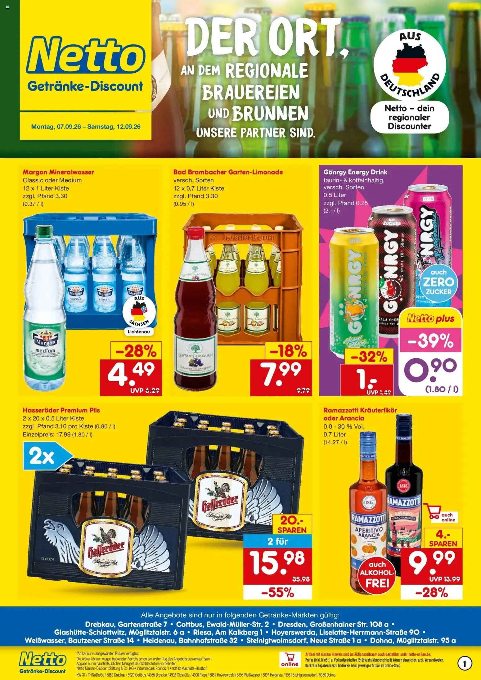 Vorschau von dem Prospekt des Geschäftes Netto Marken-Discount, gültig ab dem 07.09.2026 - Bad, Mineralwasser, Alkohol, Ramazzotti, Zucker, Rama, Hasseröder, Pils