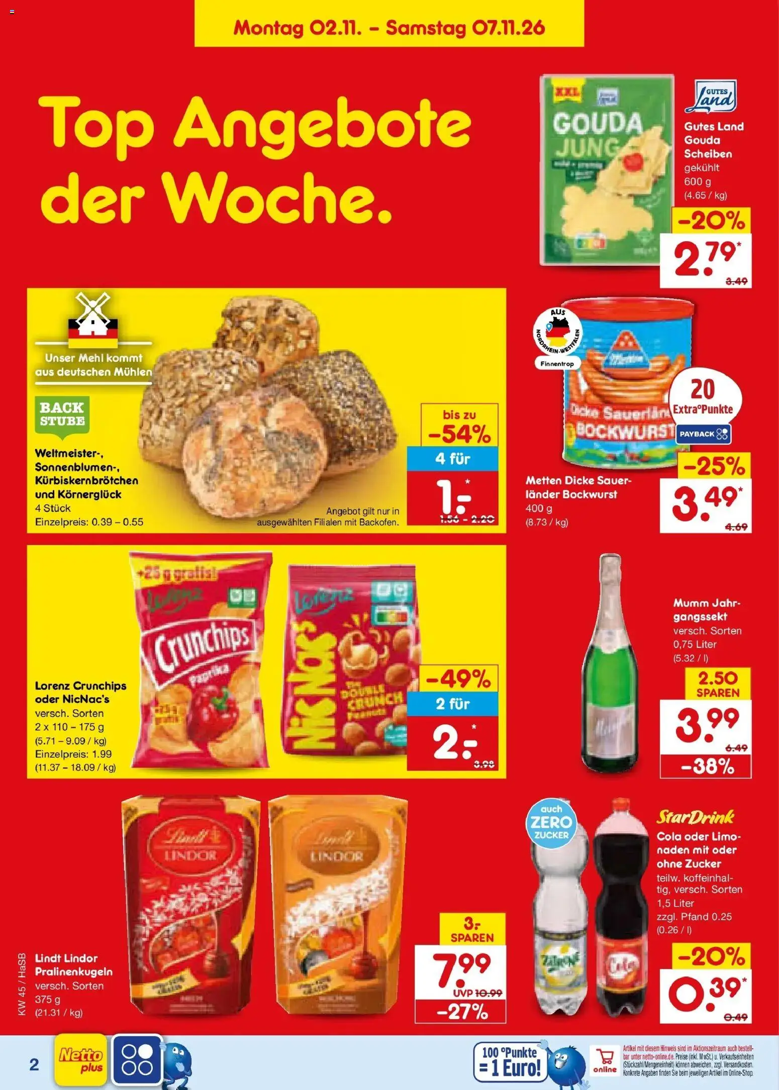 Vorschau von dem Prospekt des Geschäftes Netto Marken-Discount, gültig ab dem 02.11.2026 - Lindt, Cola, Top, Paprika, Mehl, Bockwurst, Lindor, Lorenz crunchips