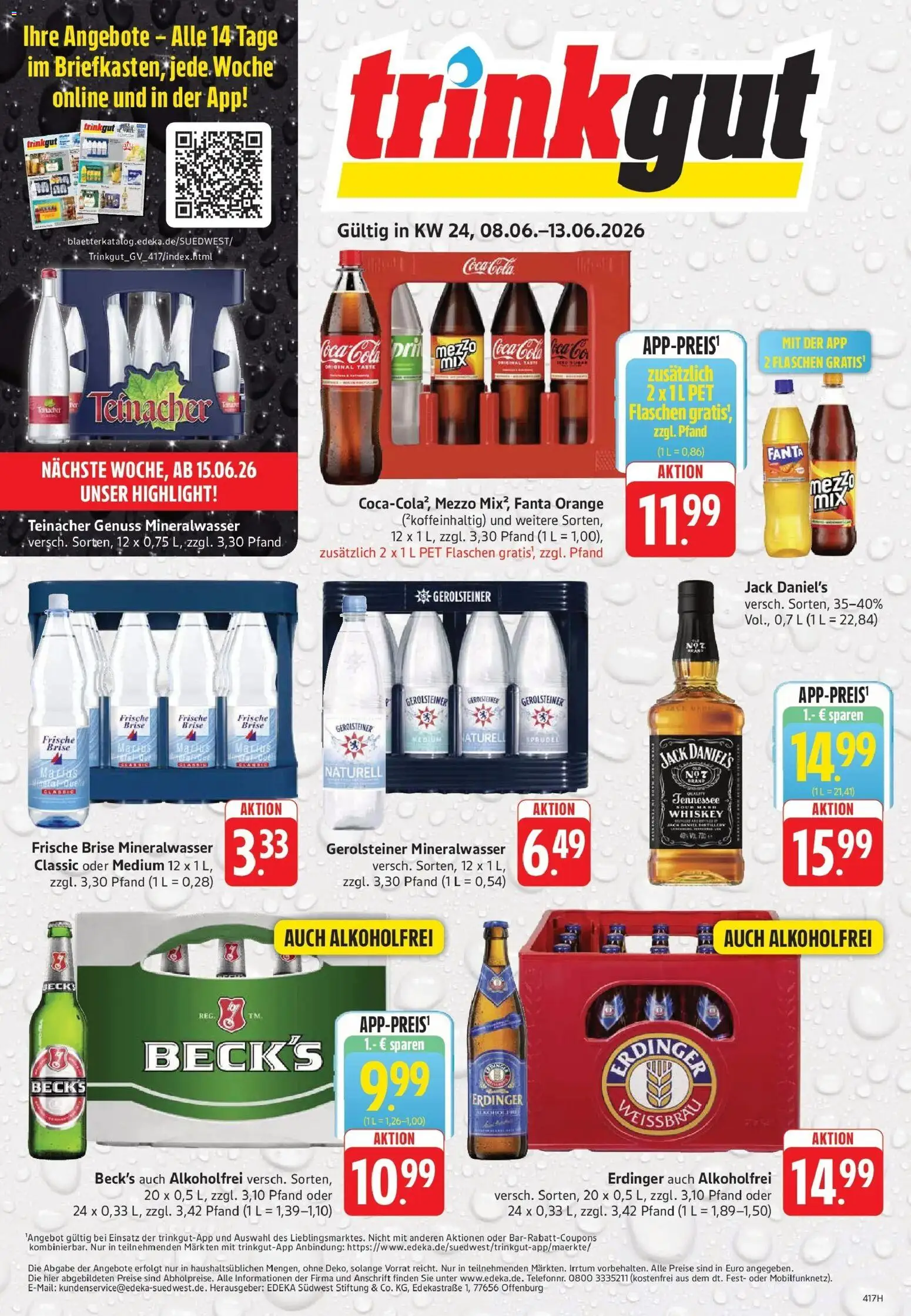 Vorschau von dem Prospekt des Geschäftes Trinkgut, gültig ab dem 08.06.2026 - Coca cola, Cola, Mineralwasser, Gerolsteiner, Whiskey, Fanta, Erdinger, Jack Daniel's