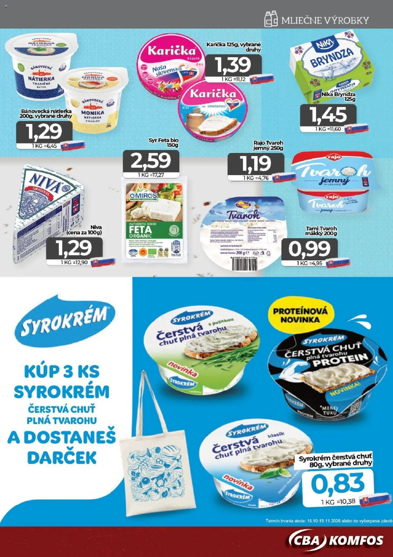 Náhľad CBA Komfos letáku platného od 23.10.2026 - Protein, Syr, Tvaroh, Bryndza, Niva, Nátierka, Feta