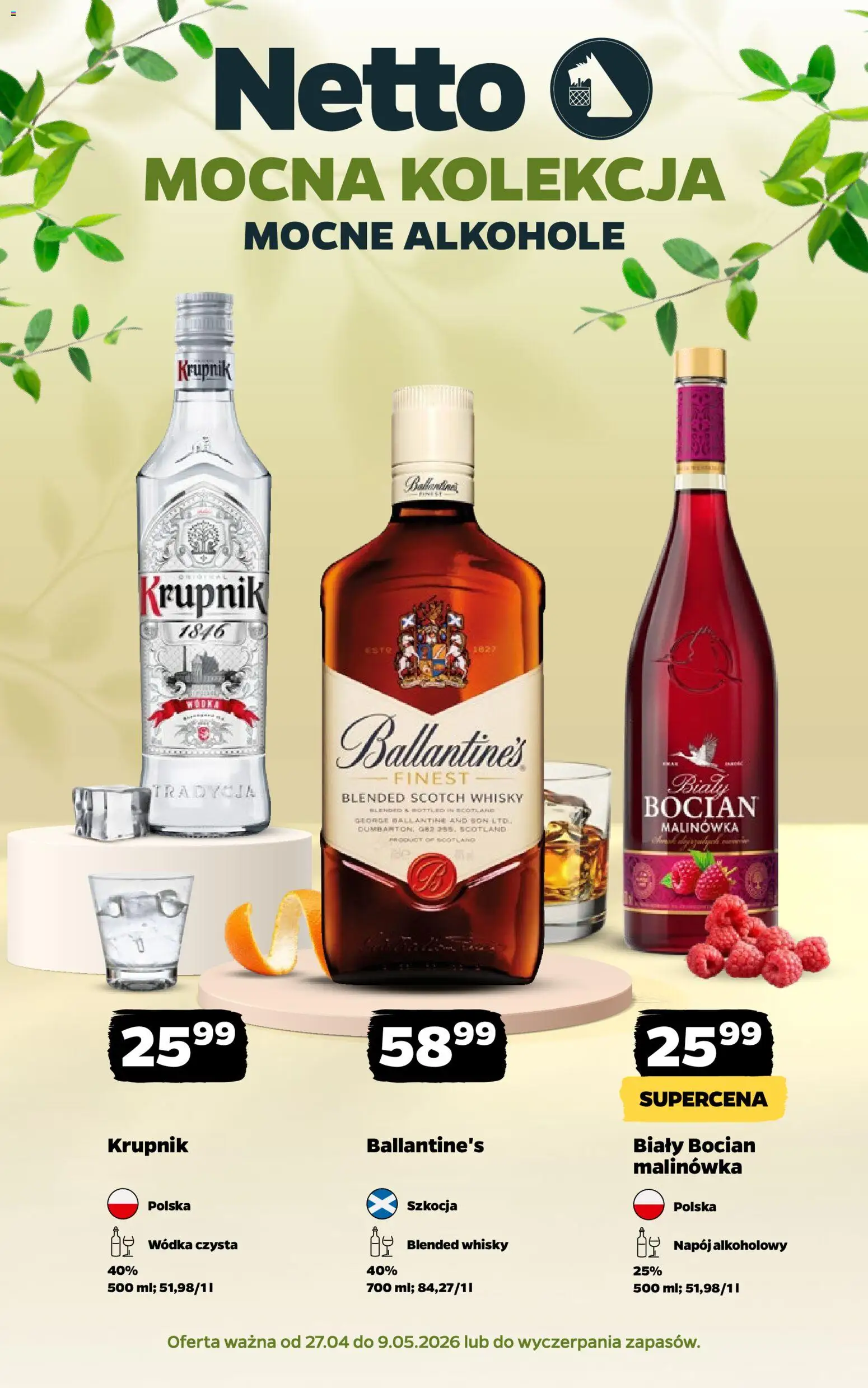 Pogląd gazetki "Netto gazetka - Alkohole mocne" ze sklepu Netto ważnej od 27.04.2026 - Alkohole, Krupnik, Whisky, Wódka, Biały Bocian, Scotch whisky, Blended whisky