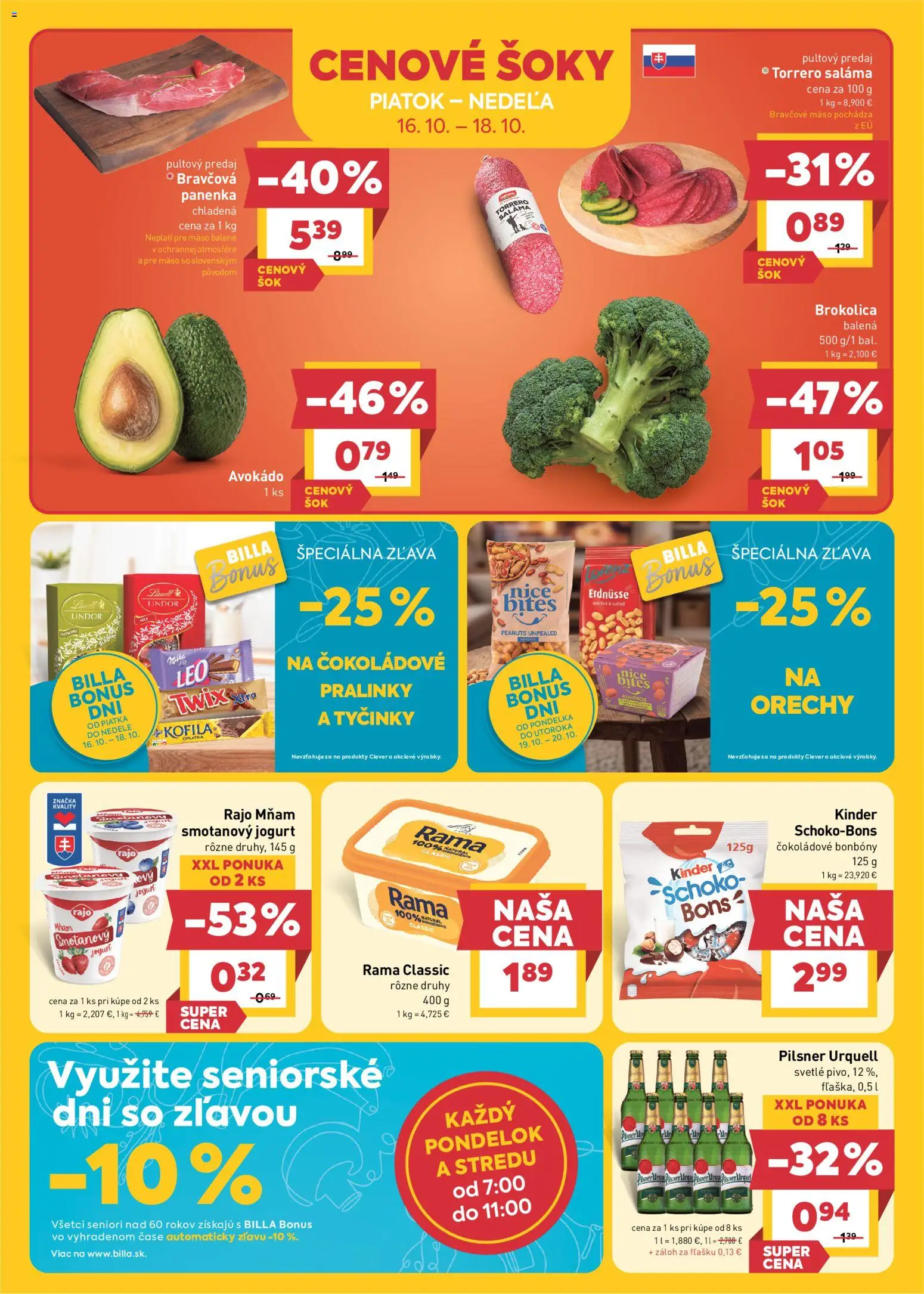 Náhľad Billa letáku platného od 14.10.2026 - Bravčová panenka, Kinder, Orechy, Brokolica, Jogurt, Rama, Saláma, Smotanový jogurt