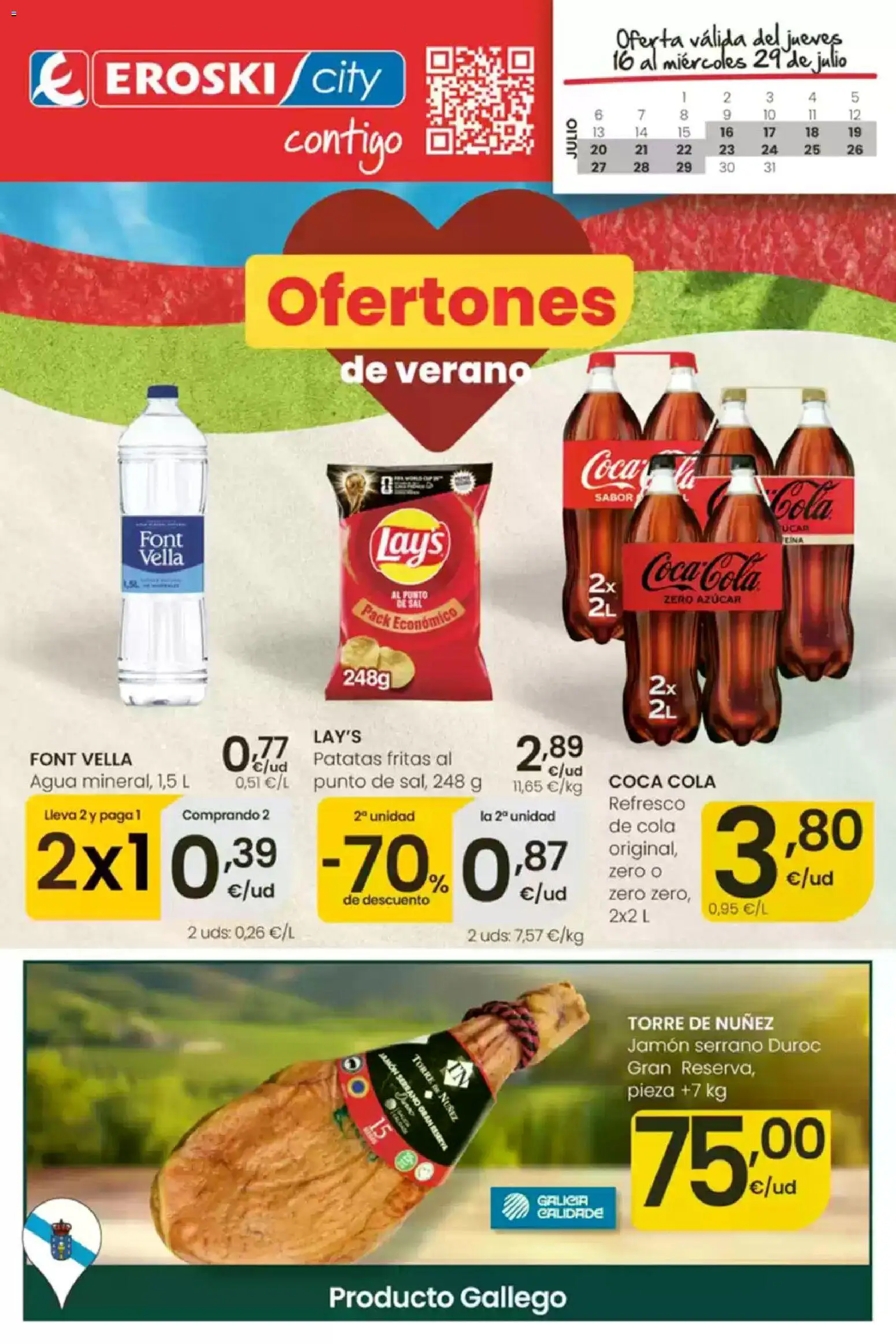 Vista previa del folleto de la tienda Eroski válido desde el 16/07/2026 - Jamón, Agua, Patatas, Azúcar, Jamón serrano, Patatas fritas