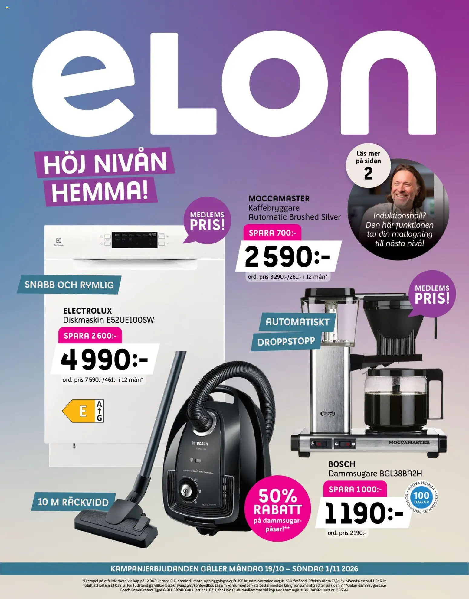 Förhandsgranska reklamblad Elon erbjudanden från butik Elon gäller från 19/10/2026 - Dammsugare, Diskmaskin, Kaffebryggare, Induktionshäll, Galler