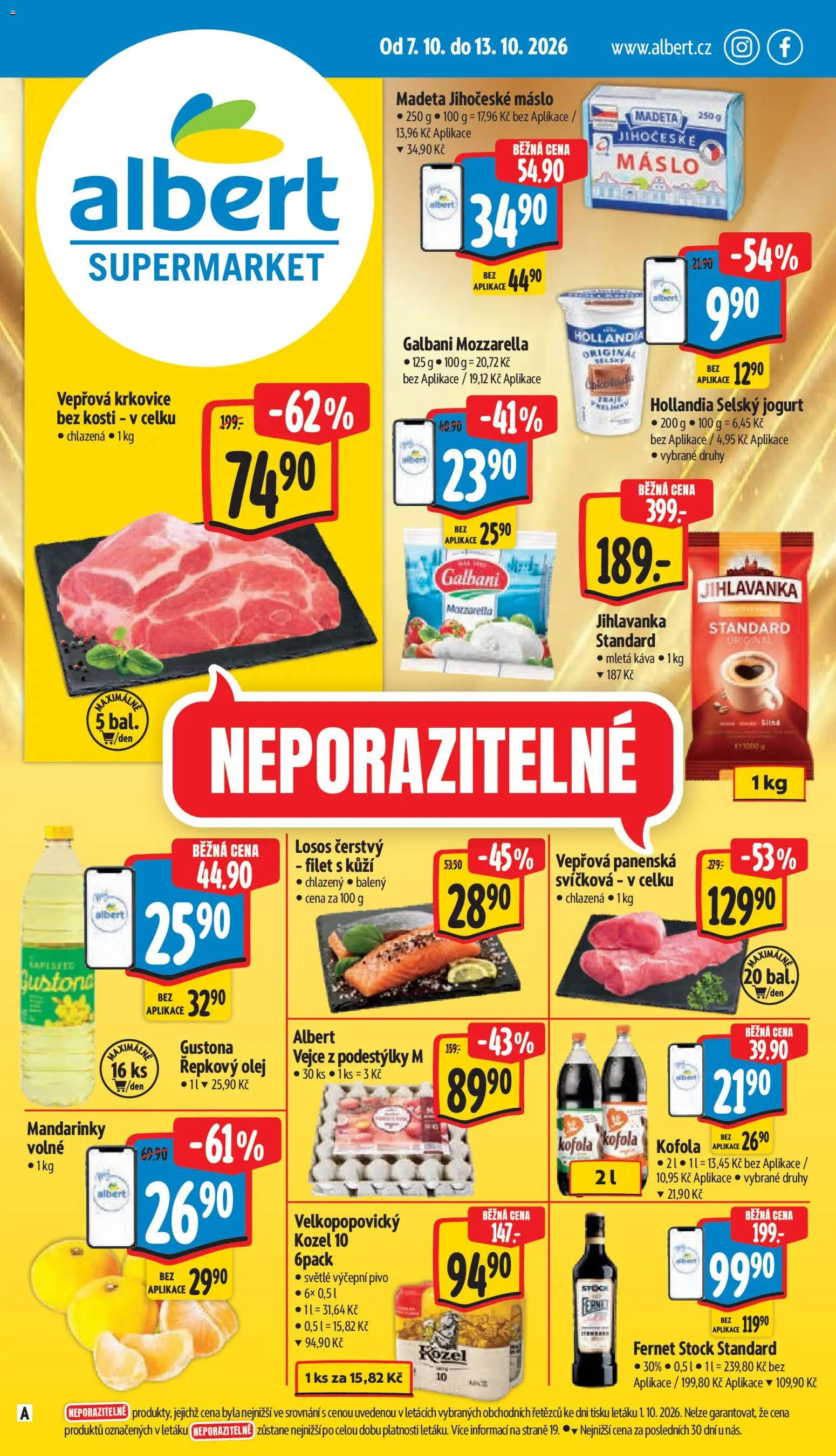 Náhled nabídky: Albert Albert leták - Supermarket platný od 07.10.2026 - Losos, Jogurt, Fernet, Cola, Jihlavanka, Fernet Stock, Mletá káva, Velkopopovický Kozel 10