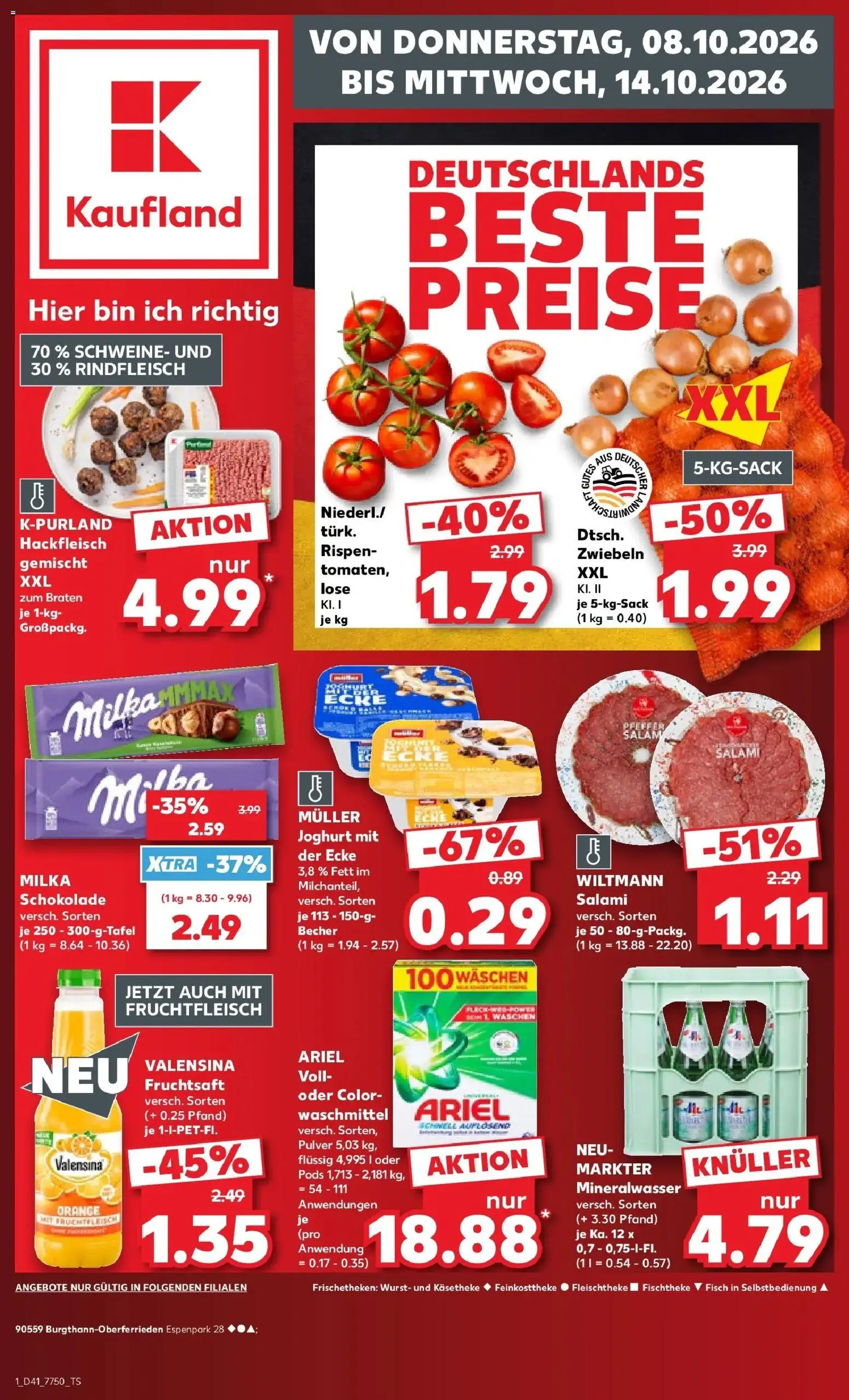 Vorschau von dem Prospekt des Geschäftes Kaufland, gültig ab dem 08.10.2026 - Wurst, Mineralwasser, Hackfleisch, Ariel, Salami, Waschmittel, Valensina, Fruchtsaft