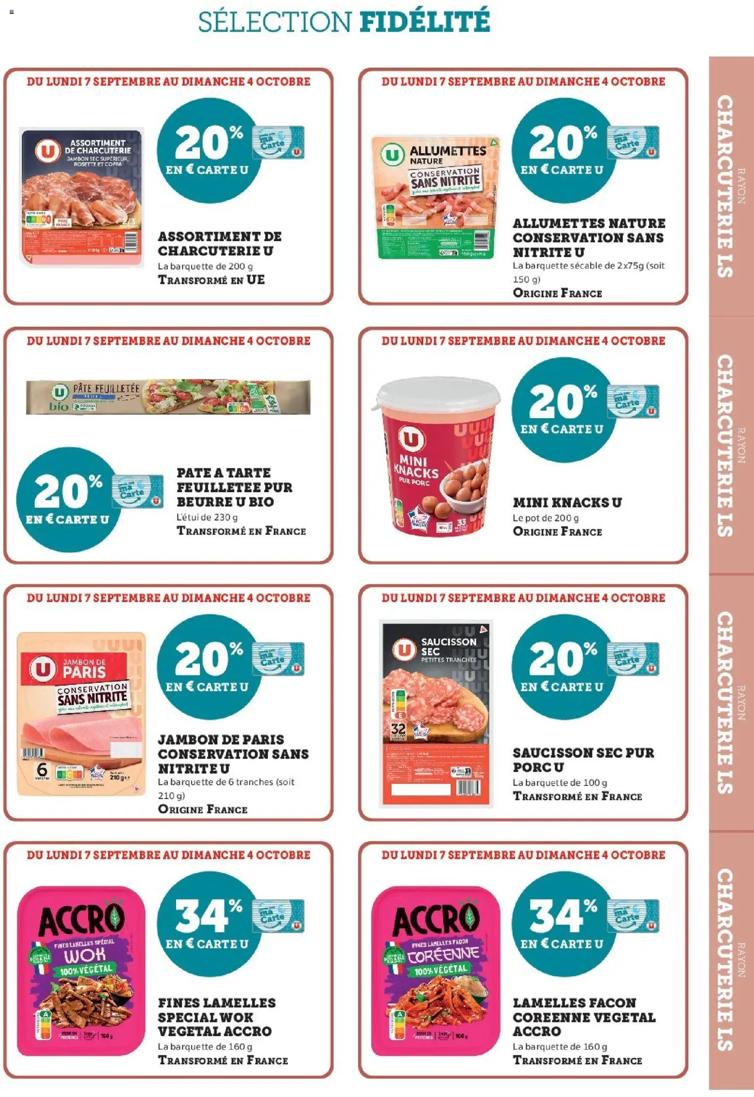 Prévisualisation de Super U - Ma sélection Carte U Septembre du magasin Super U formulaire valide 07/09/2026 - Charcuterie, Tarte, Pâte feuilletée, Beurre, Porc, Rosette, Saucisson sec, Allumettes