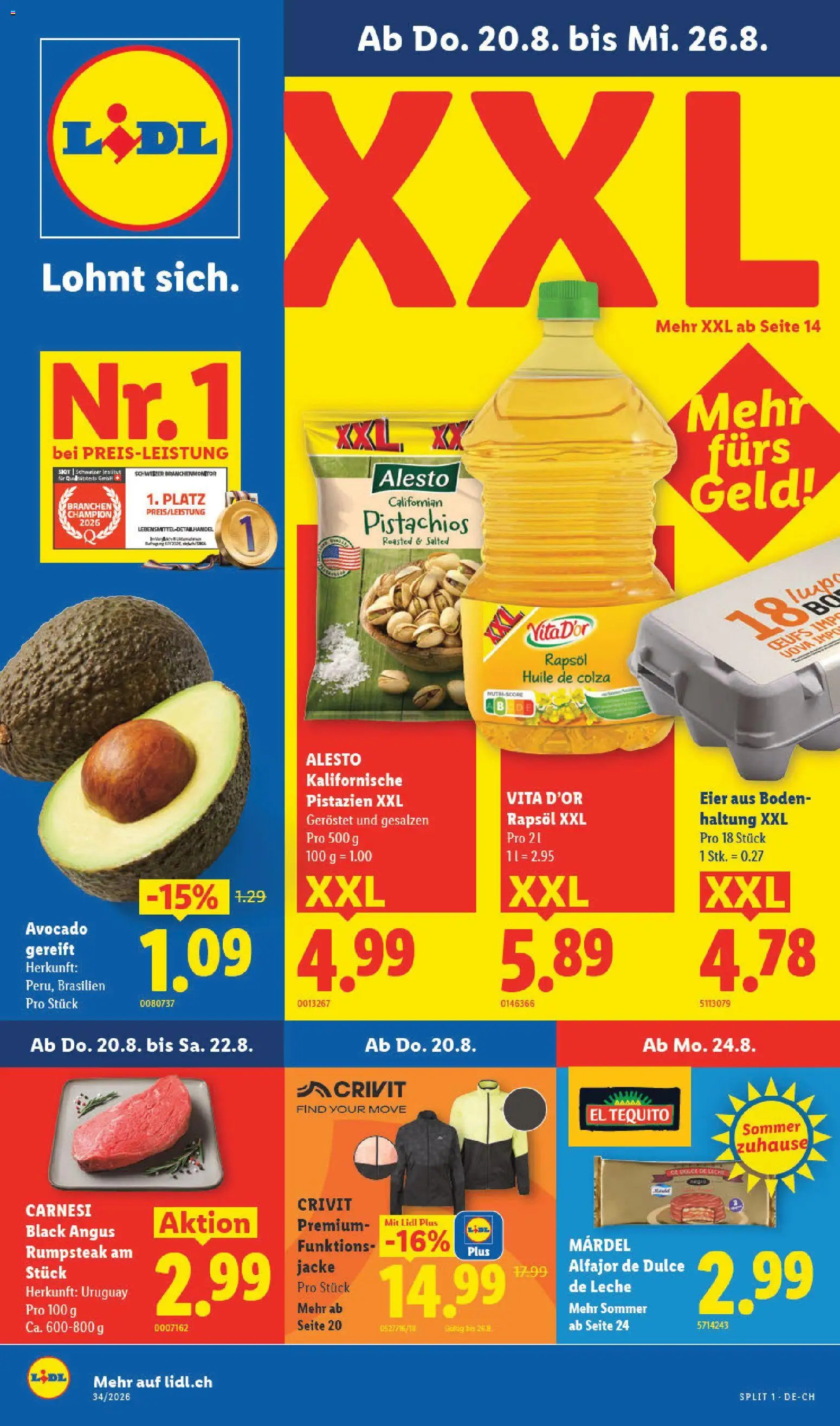 Vorschau des Merkblatts Lidl aktionen vom Shop Lidl gültig von 20.08.2026 bis 26.08.2026 - Avocado, Rumpsteak, Jacke, Eier, Rapsöl