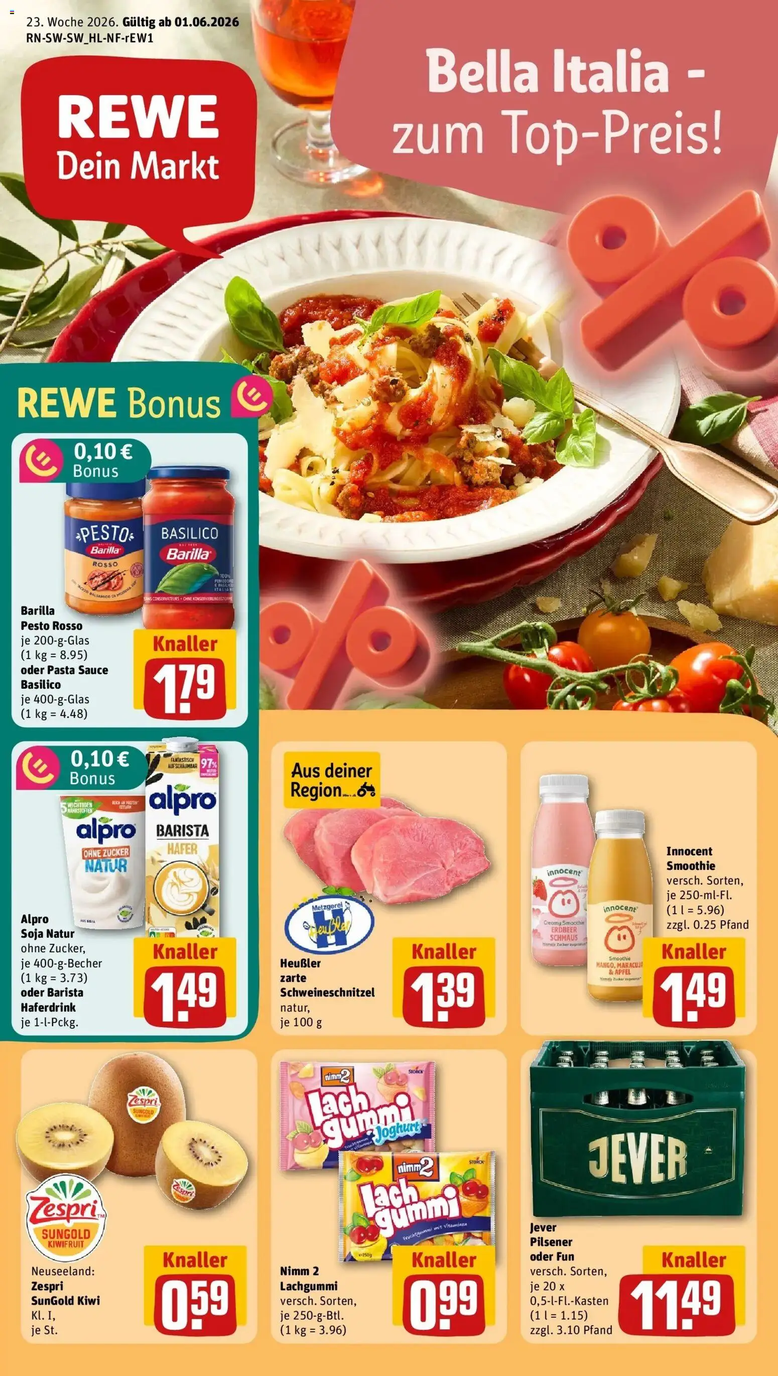 Vorschau von dem Prospekt des Geschäftes Rewe, gültig ab dem 01.06.2026 - Pasta, Äpfel, Jever, Zucker, Barilla, Barilla pesto, Alpro, Haferdrink