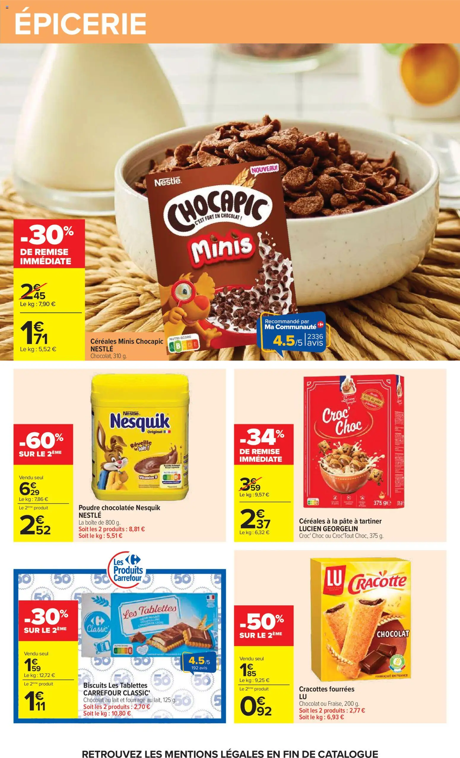 Prévisualisation de Carrefour catalogue du magasin Carrefour formulaire valide 20/10/2026 - Chocolat, Lait, Pâte, Biscuits, Chocapic, Nesquik, Pâte à tartiner, Poudre
