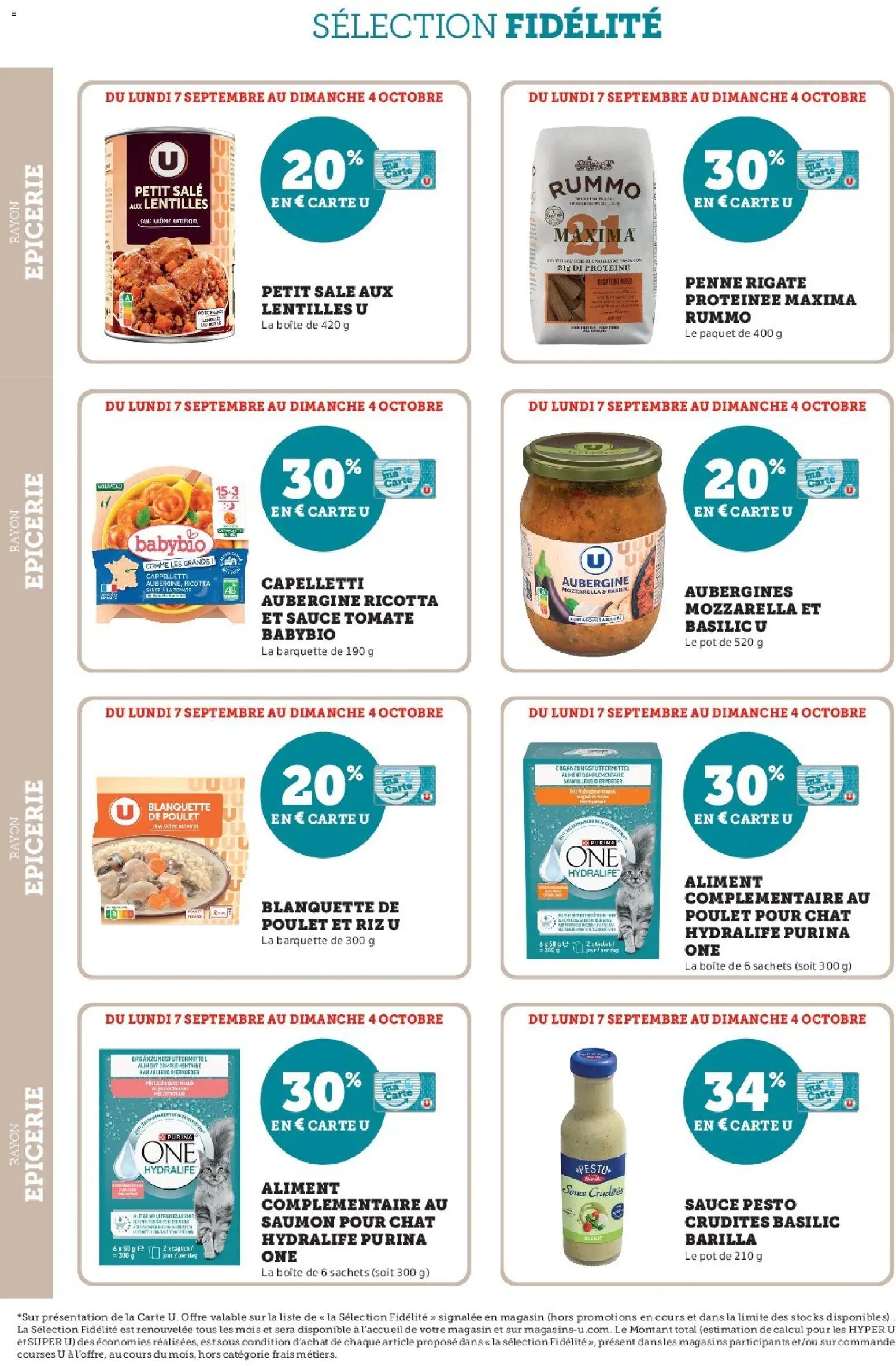 Prévisualisation de Super U - Ma sélection Carte U Septembre du magasin Super U formulaire valide 07/09/2026 - Poulet, Protéine, Ricotta, Aubergine, Tomate, Riz, Sauce tomate, Barilla