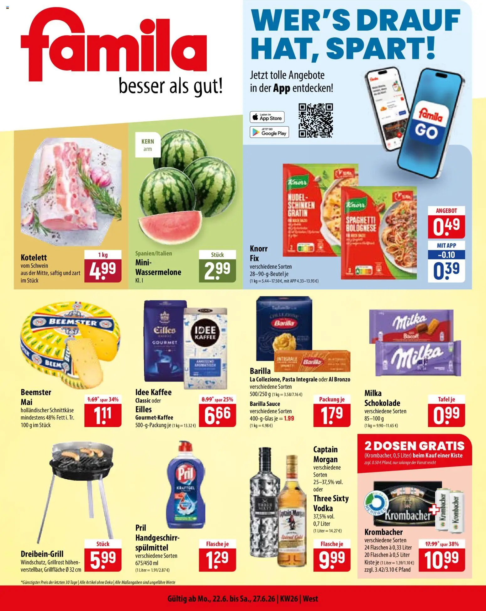 Vorschau von dem Prospekt des Geschäftes Famila, gültig ab dem 22.06.2026 - Kaffee, Pasta, Krombacher, Vodka, Barilla, Knorr, Pril, Idee kaffee