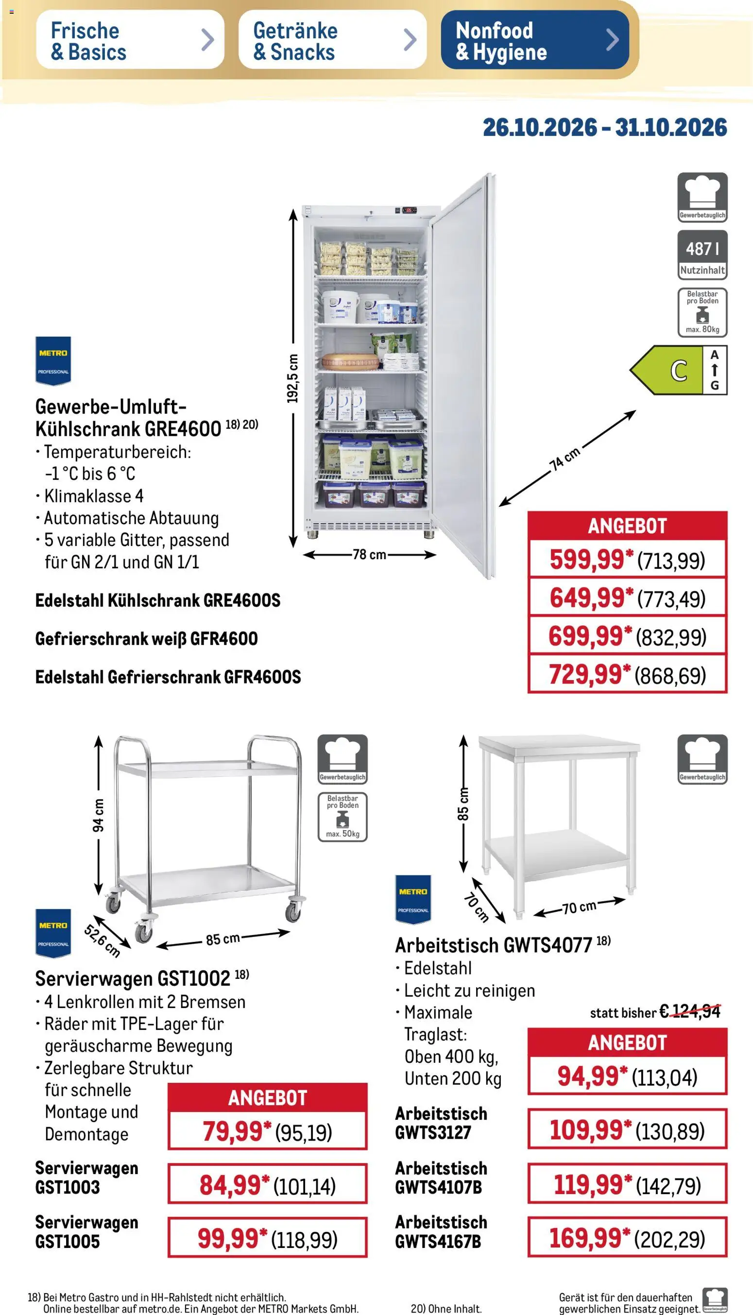 Vorschau von dem Prospekt des Geschäftes Metro, gültig ab dem 26.10.2026 - Kühlschrank, Gefrierschrank, Servierwagen, Arbeitstisch