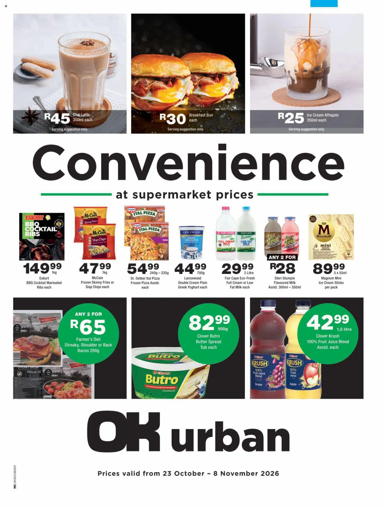Preview of OK Foods flyer valid from 23/10/2026 - Pizza, Breakfast, Fruit, Butter, Cream, Yoghurt, Bacon, Frozen pizza