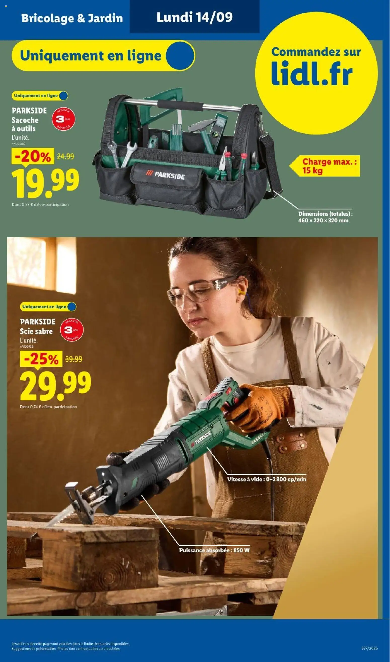 Prévisualisation de LIDL catalogue du magasin LIDL formulaire valide 10/09/2026 - Bricolage, Parkside, Scie sabre, Outils, Sacoche a outils parkside