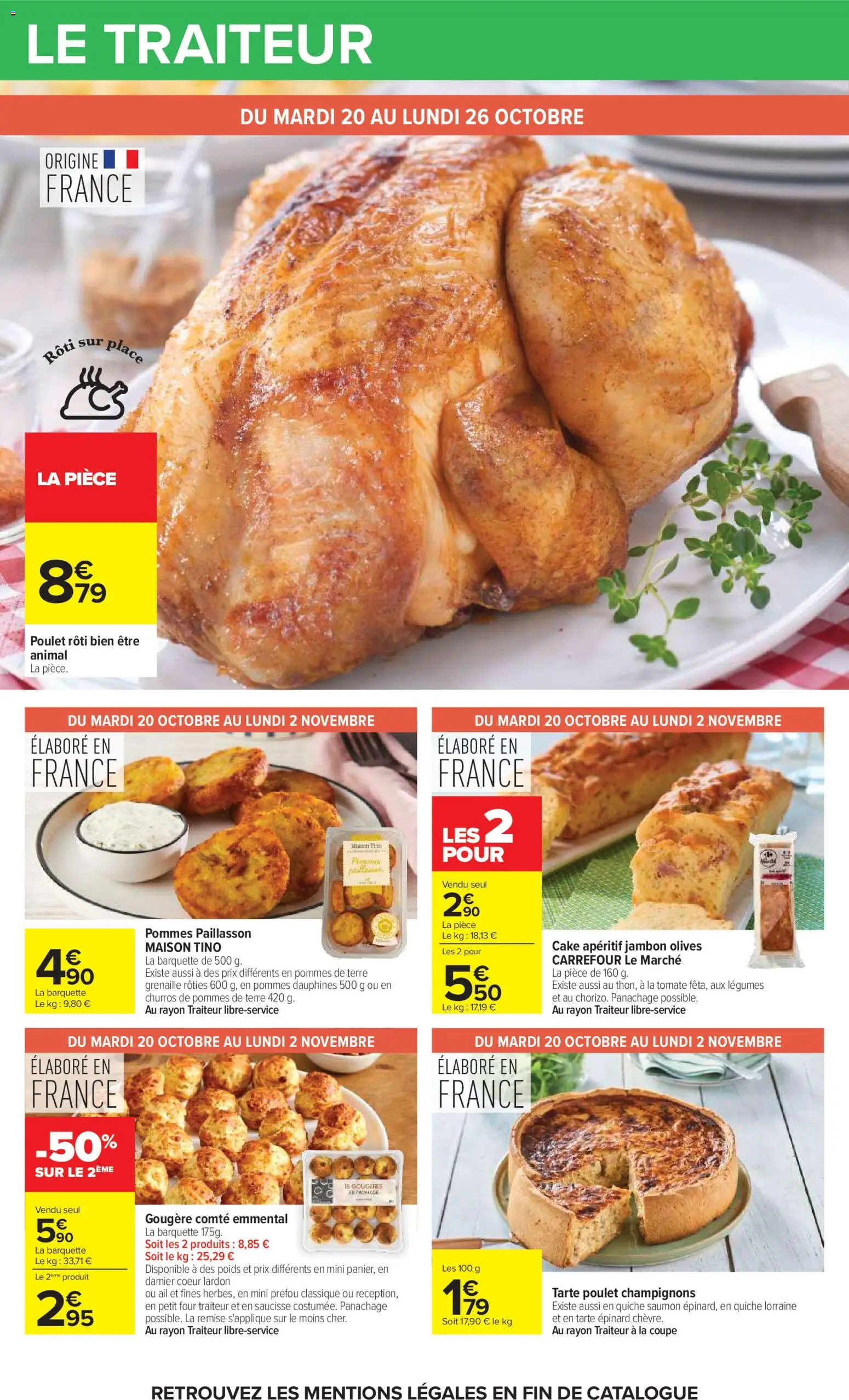 Prévisualisation de Carrefour catalogue du magasin Carrefour formulaire valide 20/10/2026 - Four, Poulet rôti, Saumon, Pommes de terre, Tarte, Jambon, Epinard, Poids