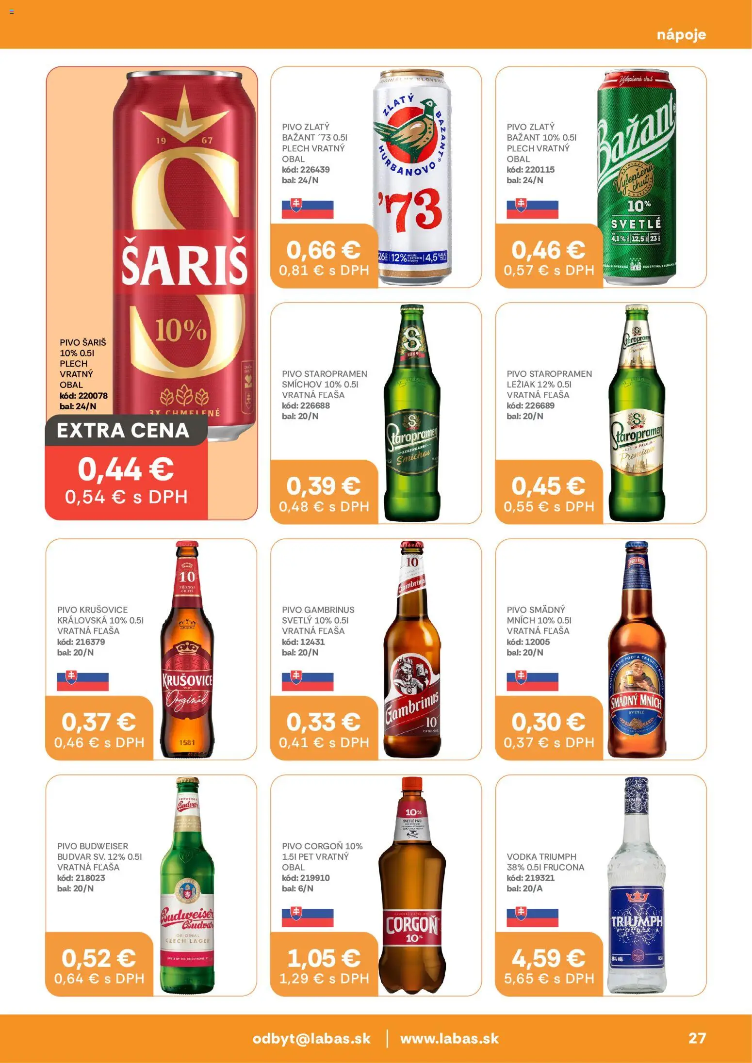 Náhľad Labaš letáku platného od 09.10.2026 - Krušovice, Šariš, Staropramen, Budvar, Gambrinus, Zlatý Bažant, Corgoň, Smädný Mních