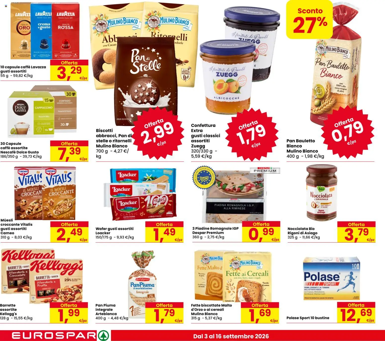 Anteprima dell'opuscolo Eurospar volantino Rovereto dal negozio Eurospar valido da 03/09/2026 - Piadina, Biscotti, Lavazza, Cappuccino, Mandorle, Albicocche, Nescafé, Barretta