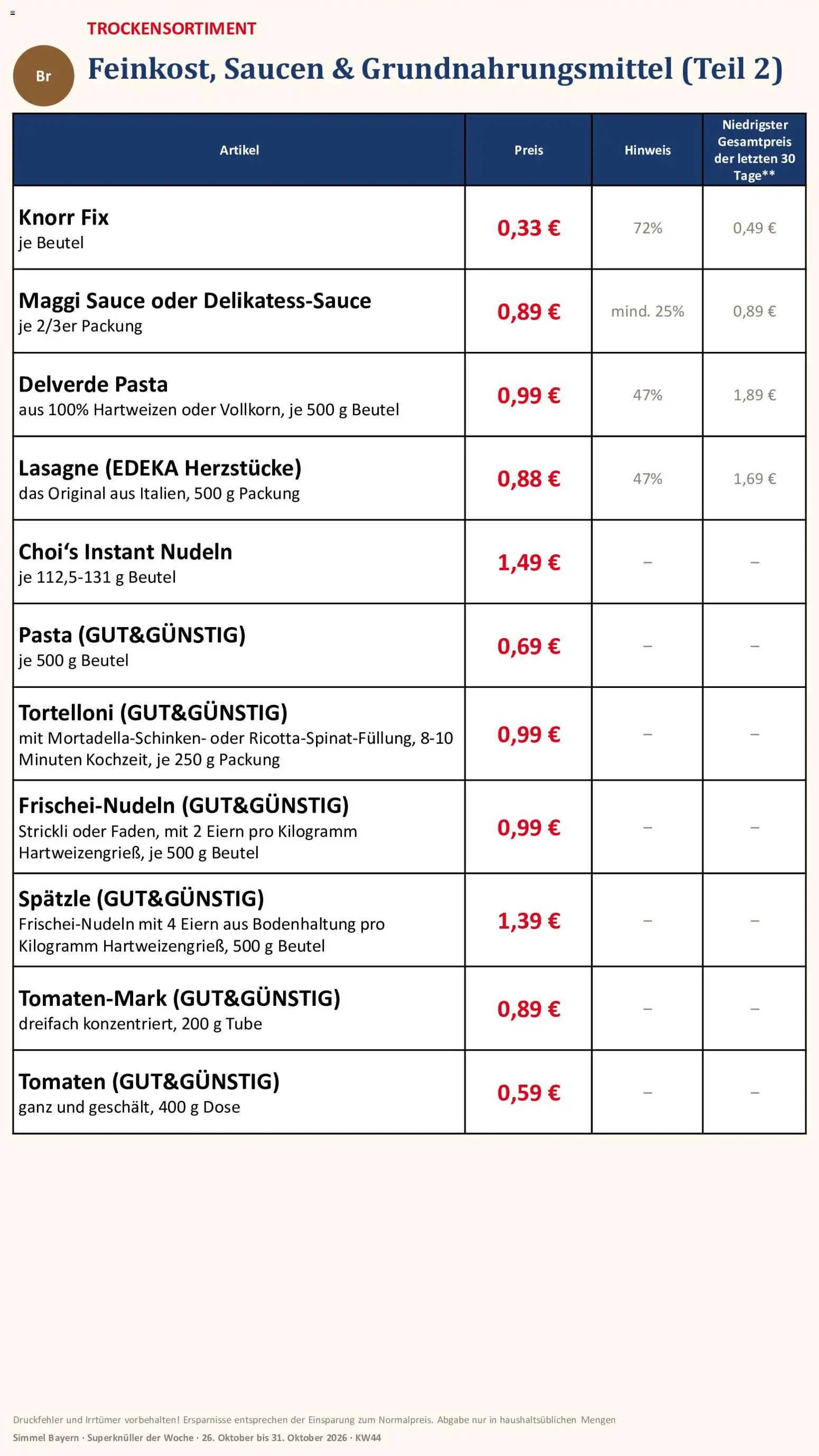 Vorschau von dem Prospekt des Geschäftes Simmel, gültig ab dem 26.10.2026 - Pasta, Lasagne, Maggi, Nudeln, Tomaten, Knorr, Knorr fix