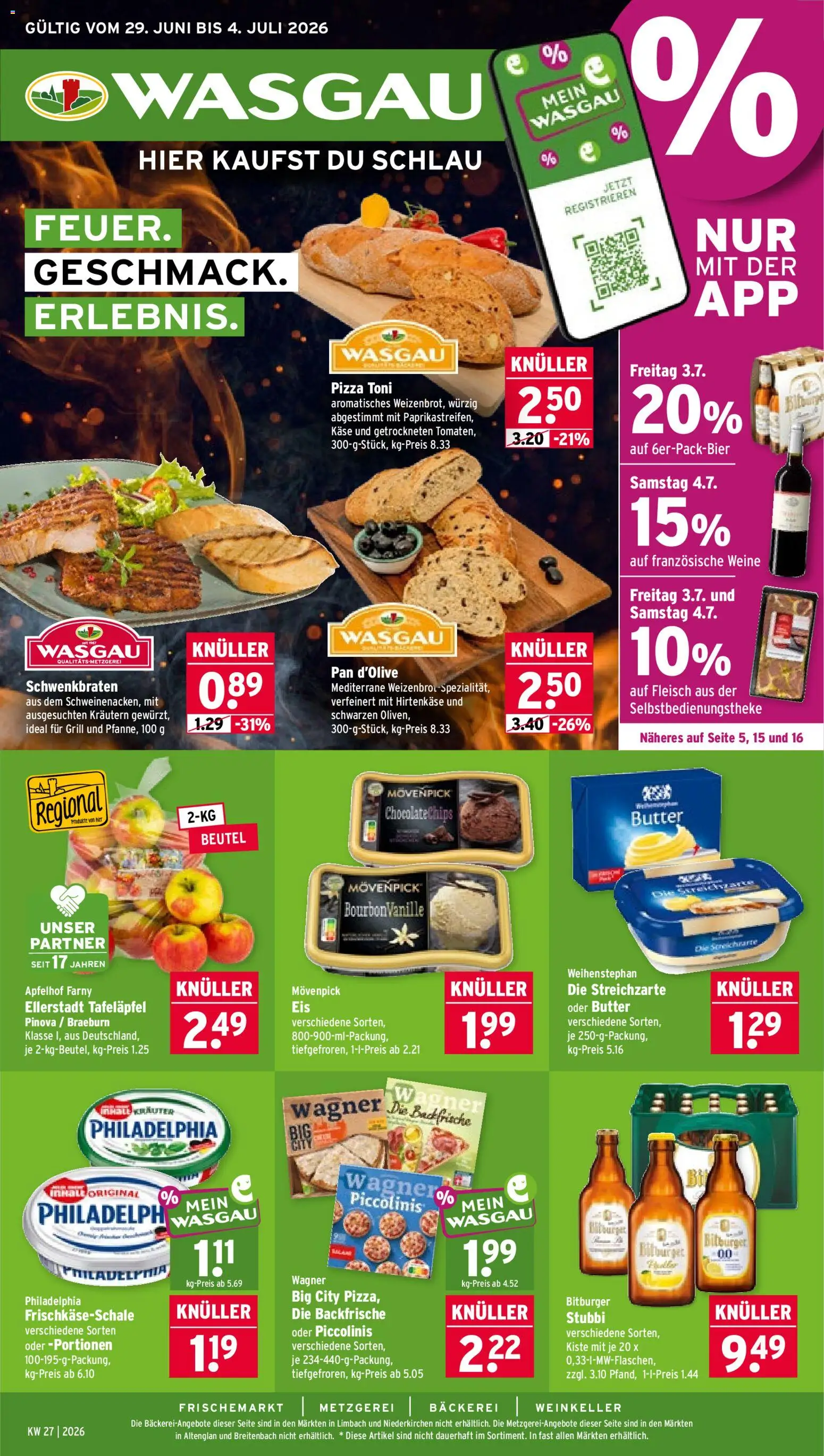 Vorschau von dem Prospekt des Geschäftes Wasgau, gültig ab dem 29.06.2026 - Bäckerei, Pizza, Butter, Käse, Grill, Fleisch, Piccolinis, Bitburger