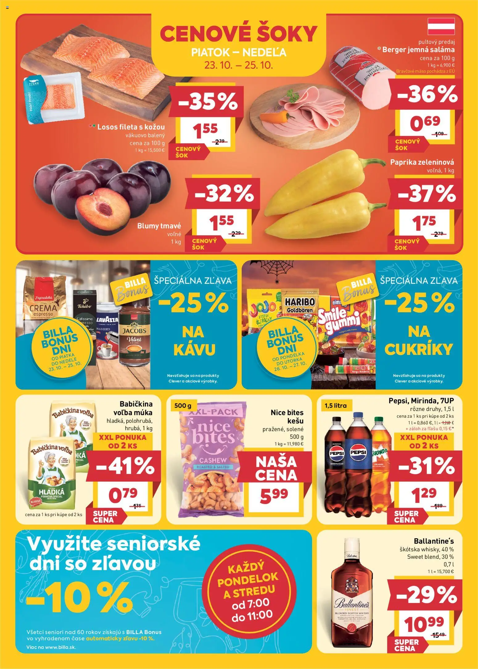 Náhľad Billa letáku platného od 21.10.2026 - Mäso, Lavazza, Pepsi, Bravčové mäso, Kešu, Cukríky, Saláma, Škótska whisky