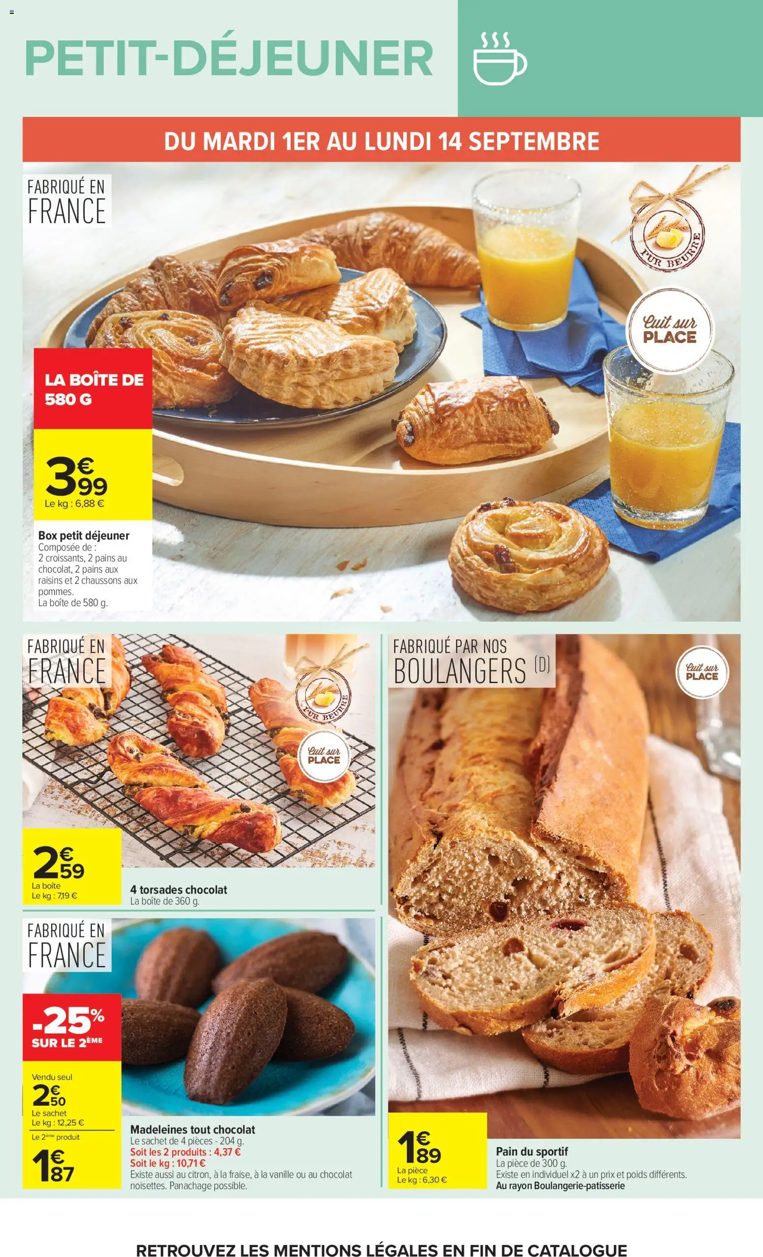 Prévisualisation de Carrefour Market Petit dejeuner du magasin Carrefour Market formulaire valide 01/09/2026 - Madeleines, Chocolat, Pain, Chaussons, Beurre, Vanille, Raisins, Poids