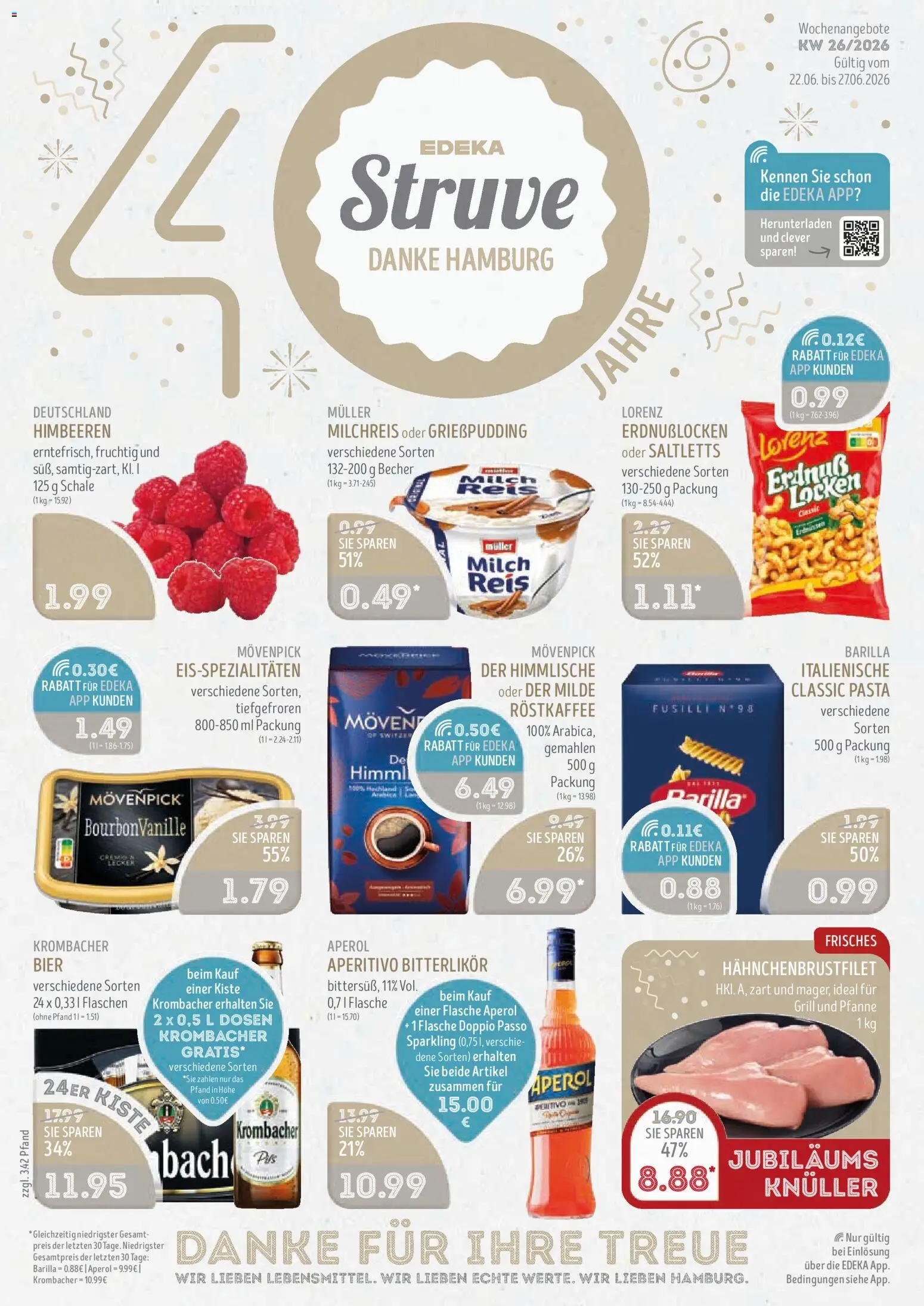 Vorschau von dem Prospekt des Geschäftes Edeka Struve, gültig ab dem 22.06.2026 - Bier, Pasta, Aperol, Himbeeren, Milch, Reis, Barilla, Doppio Passo
