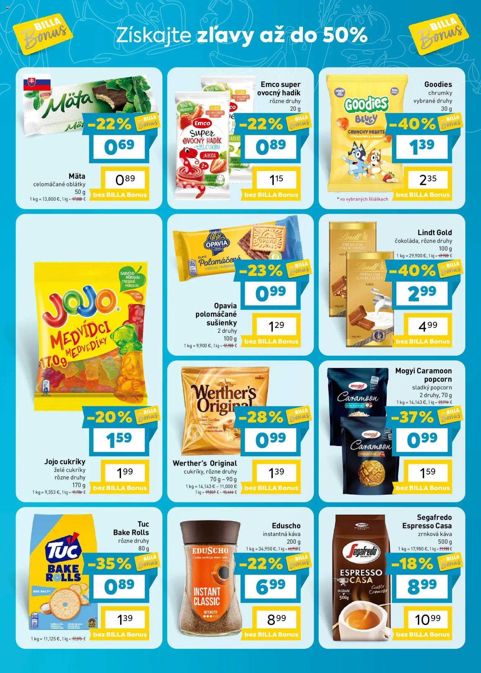 Náhľad Billa letáku platného od 28.10.2026 - Káva, Lindt, Popcorn, Zrnková káva, Instantná káva, Cukríky, Sušienky, Oblátky