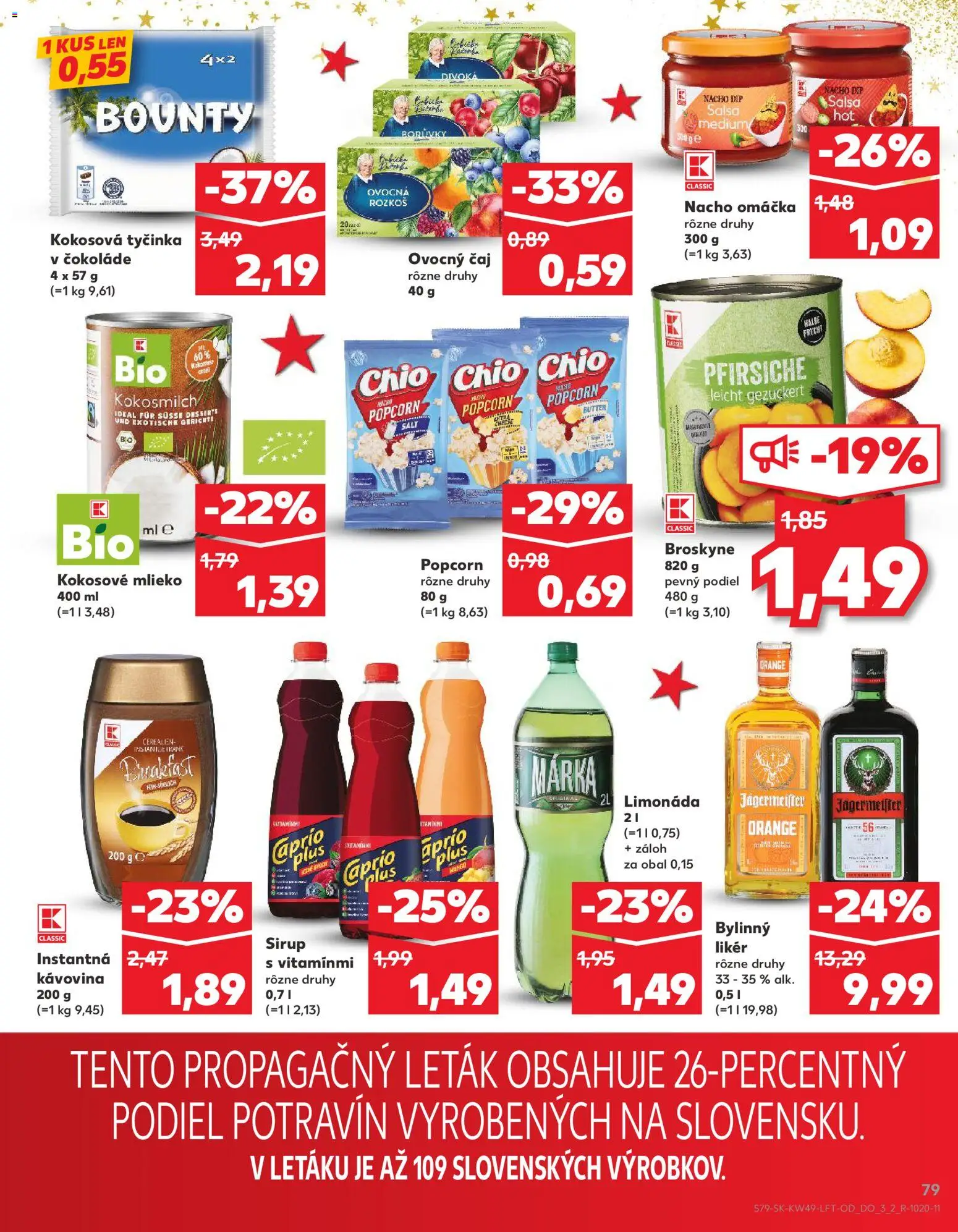 Náhľad Kaufland letáku platného od 04.12.2025 - Jägermeister, Mlieko, Čaj, Popcorn, Sirup, Omáčka, Broskyne, Kokosové mlieko