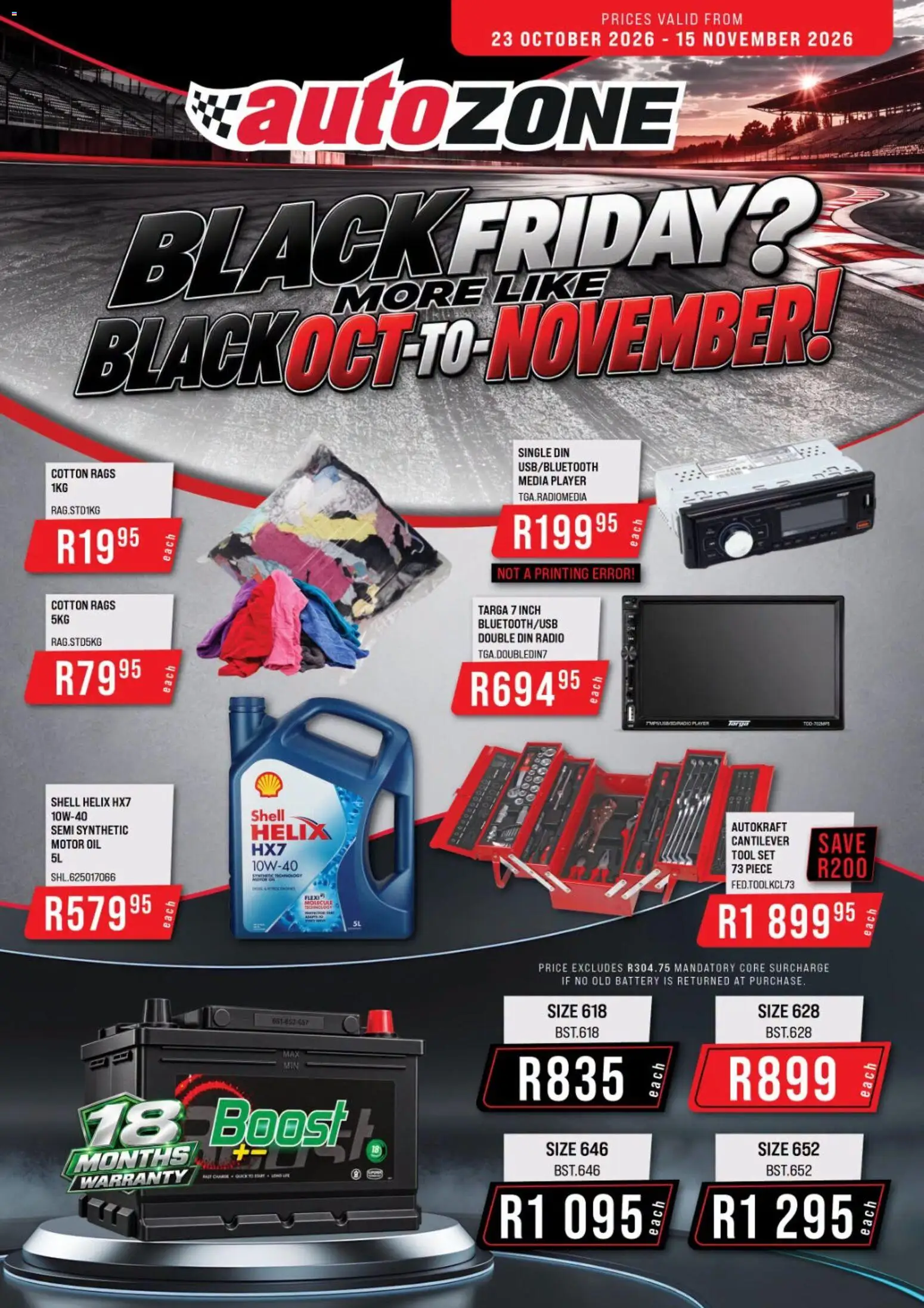 Preview of AutoZone flyer valid from 23/10/2026 - Radio, Battery, Oil, Player, Rags