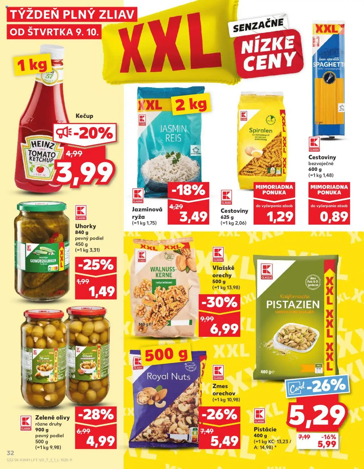 Náhľad Kaufland letáku platného od 09.10.2025 - Cestoviny, Orechy, Ryža, Vlašské orechy, Kečup, Olivy, Pistácie, Uhorky
